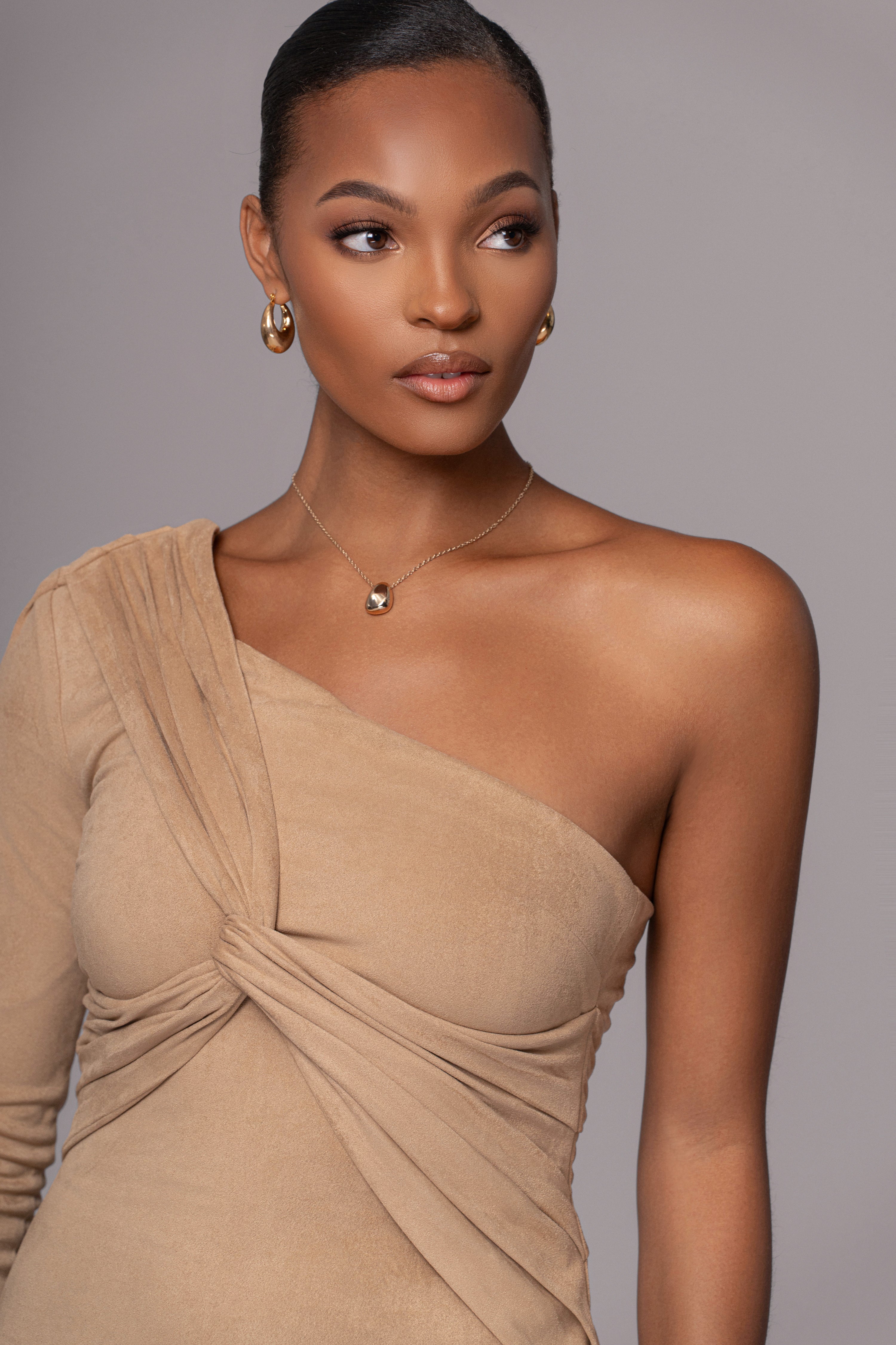 Beige Dayanna Suede Midi Dress - JLUXLABEL