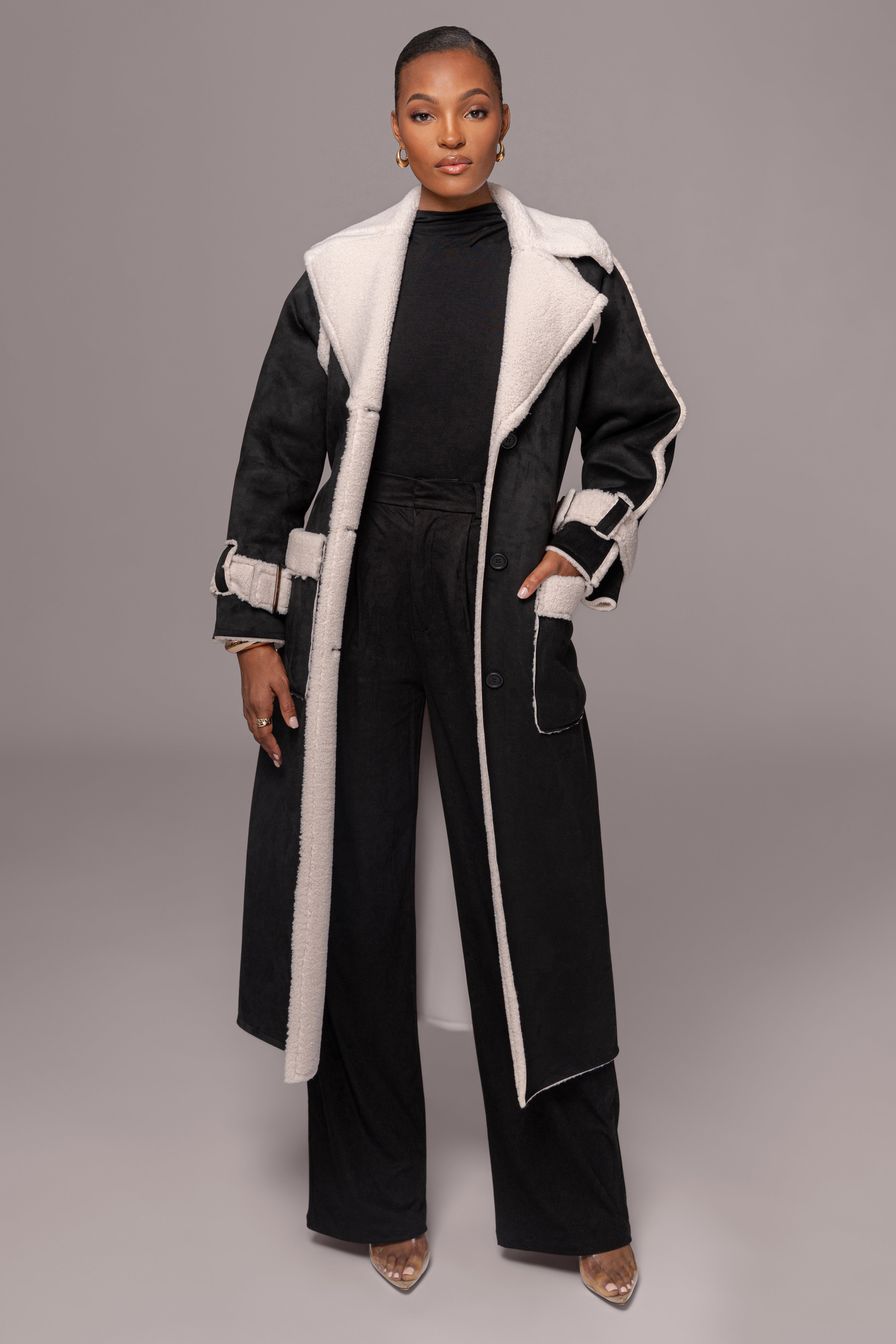 Black Suede And Sherpa Reversible Coat - JLUXLABEL