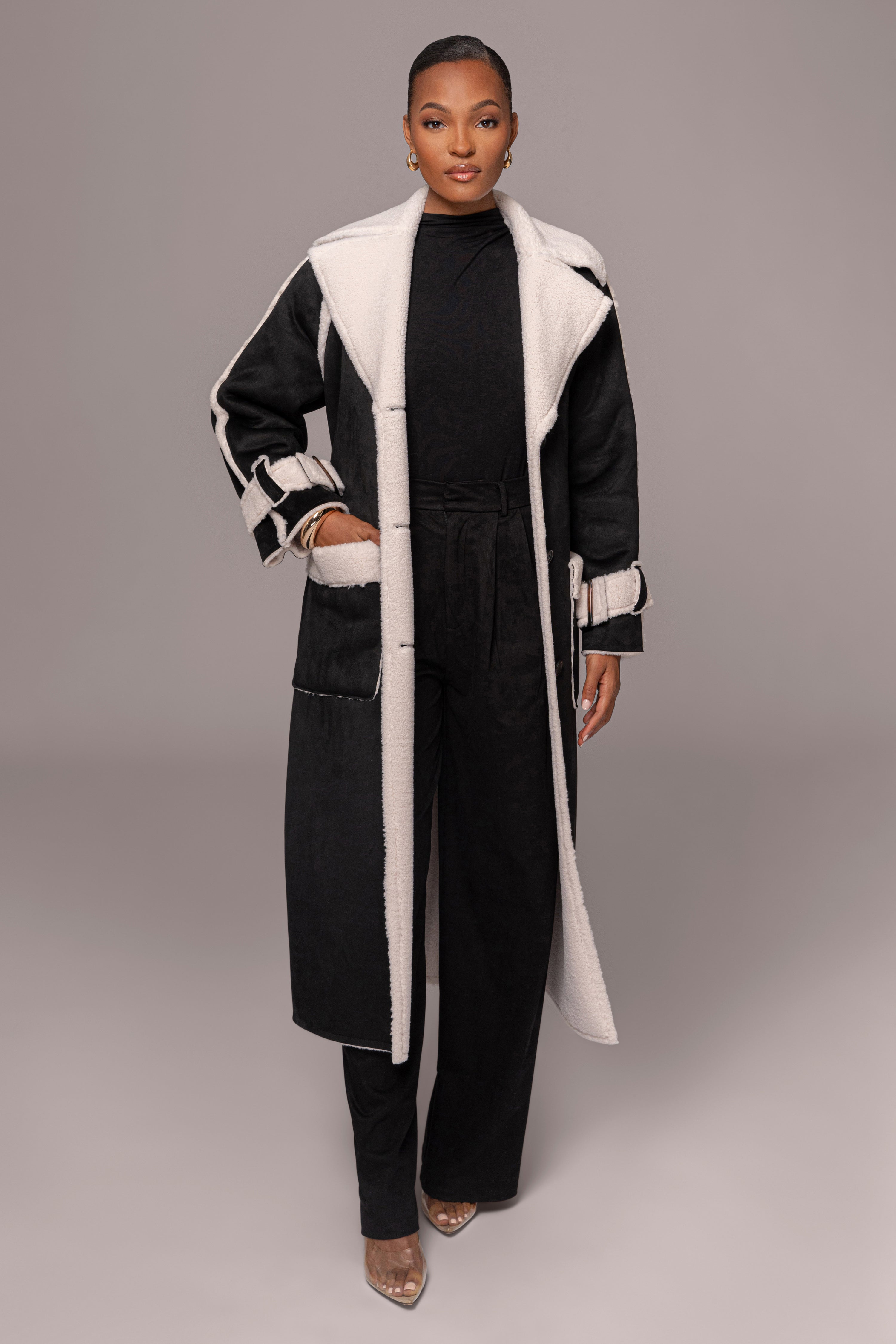 Black Suede And Sherpa Reversible Coat - JLUXLABEL