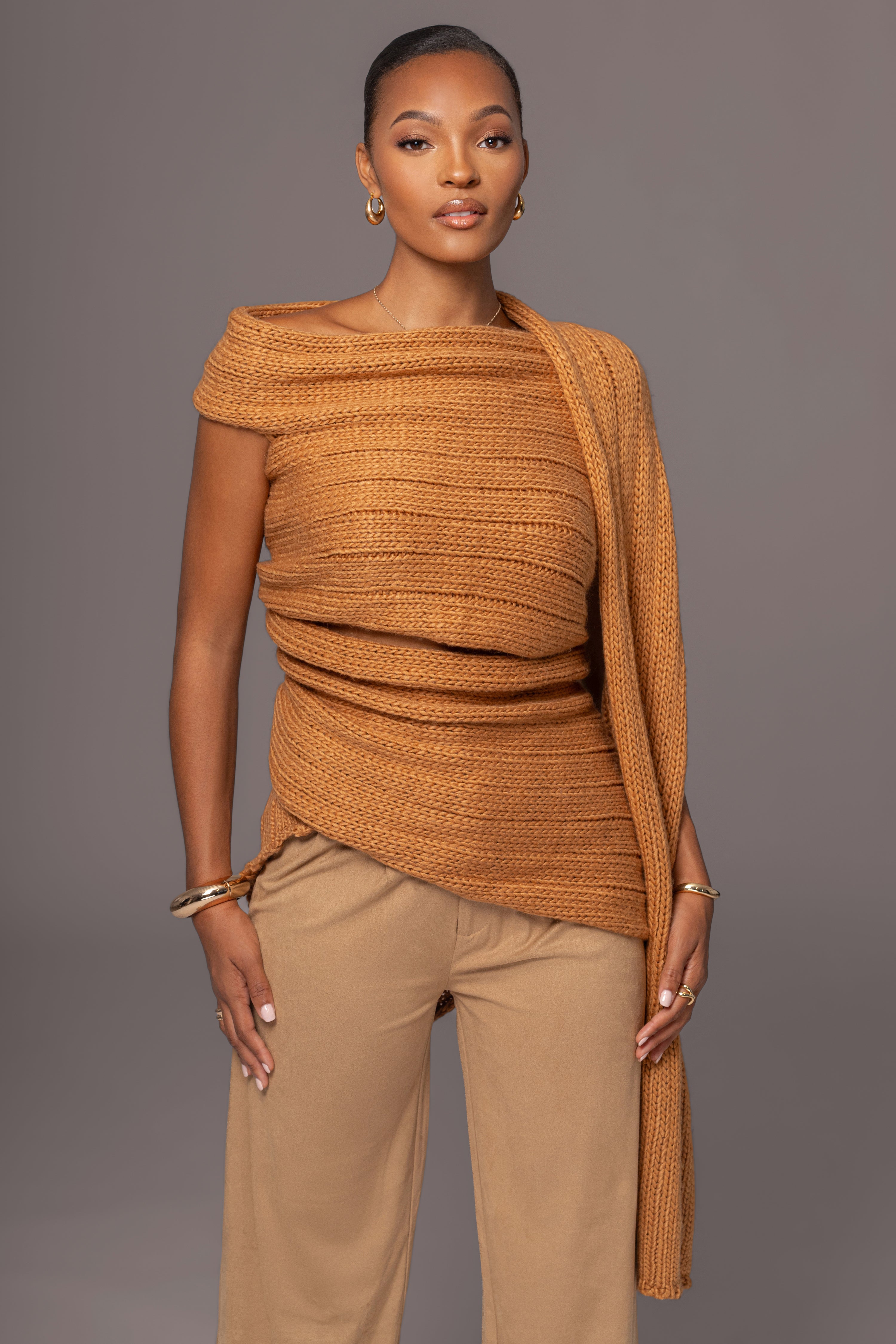 Camel Soft Life Cable Knit Sweater Top - JLUXLABEL