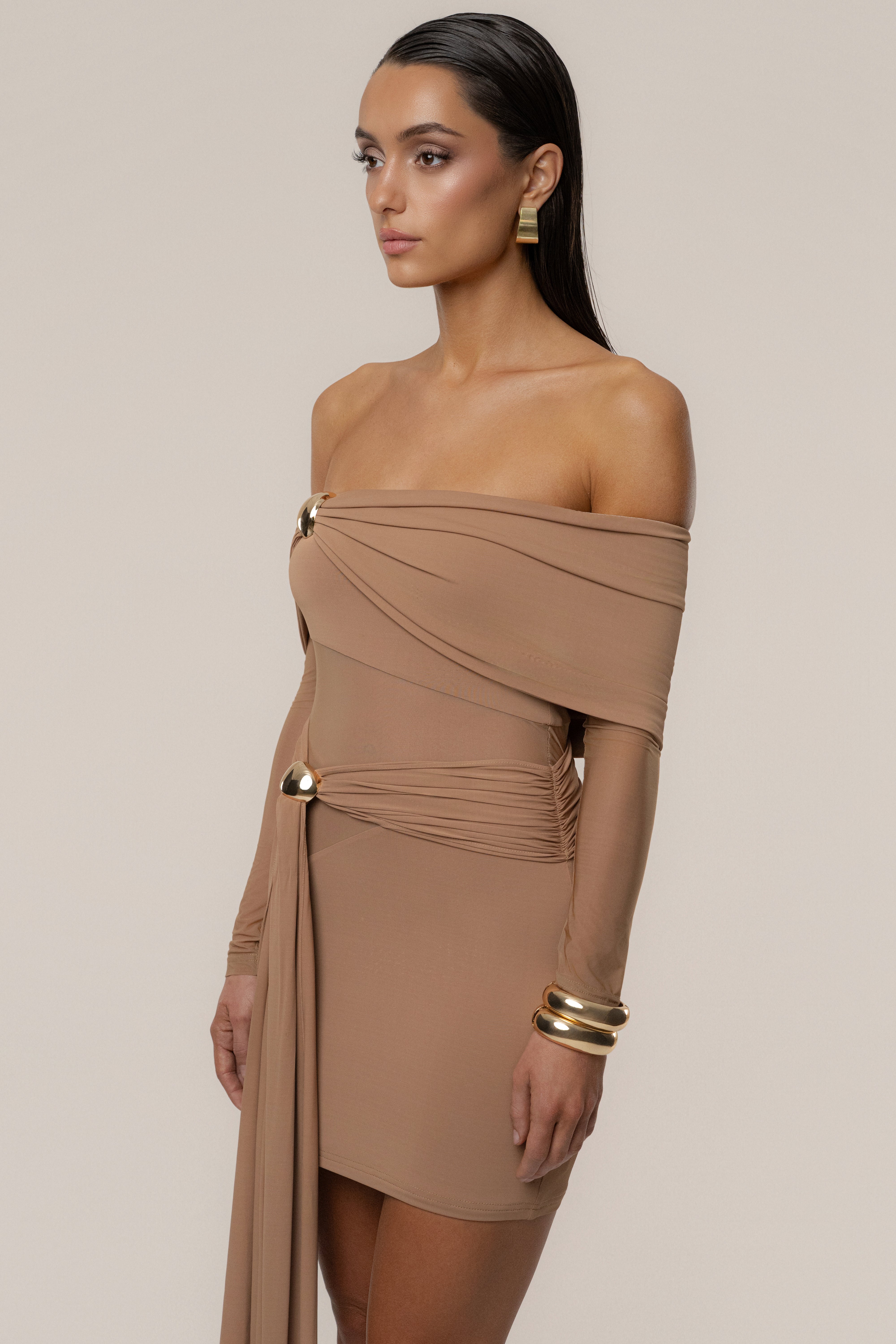 Beige Glow State Drape Dress - JLUXLABEL