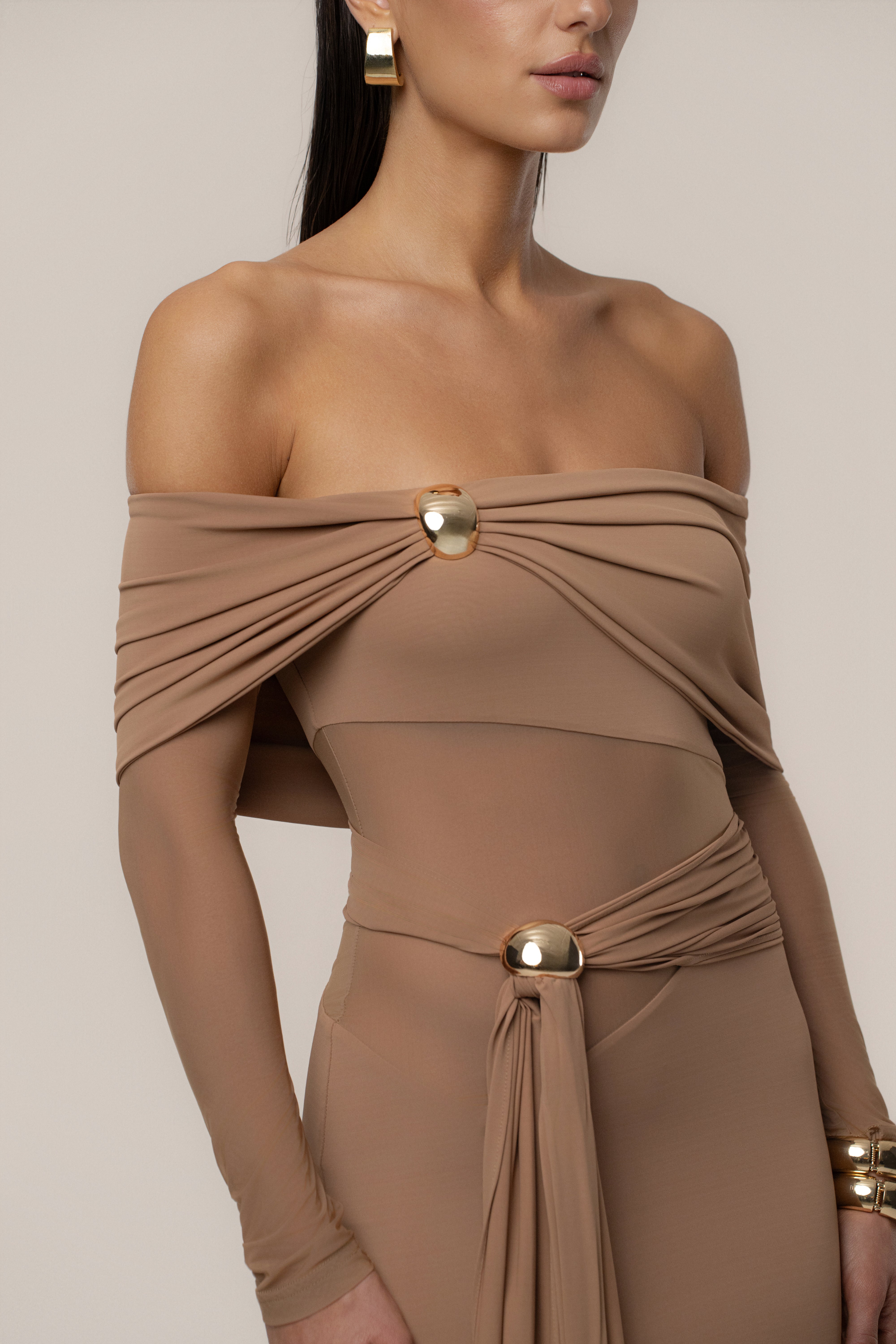 Beige Glow State Drape Dress - JLUXLABEL