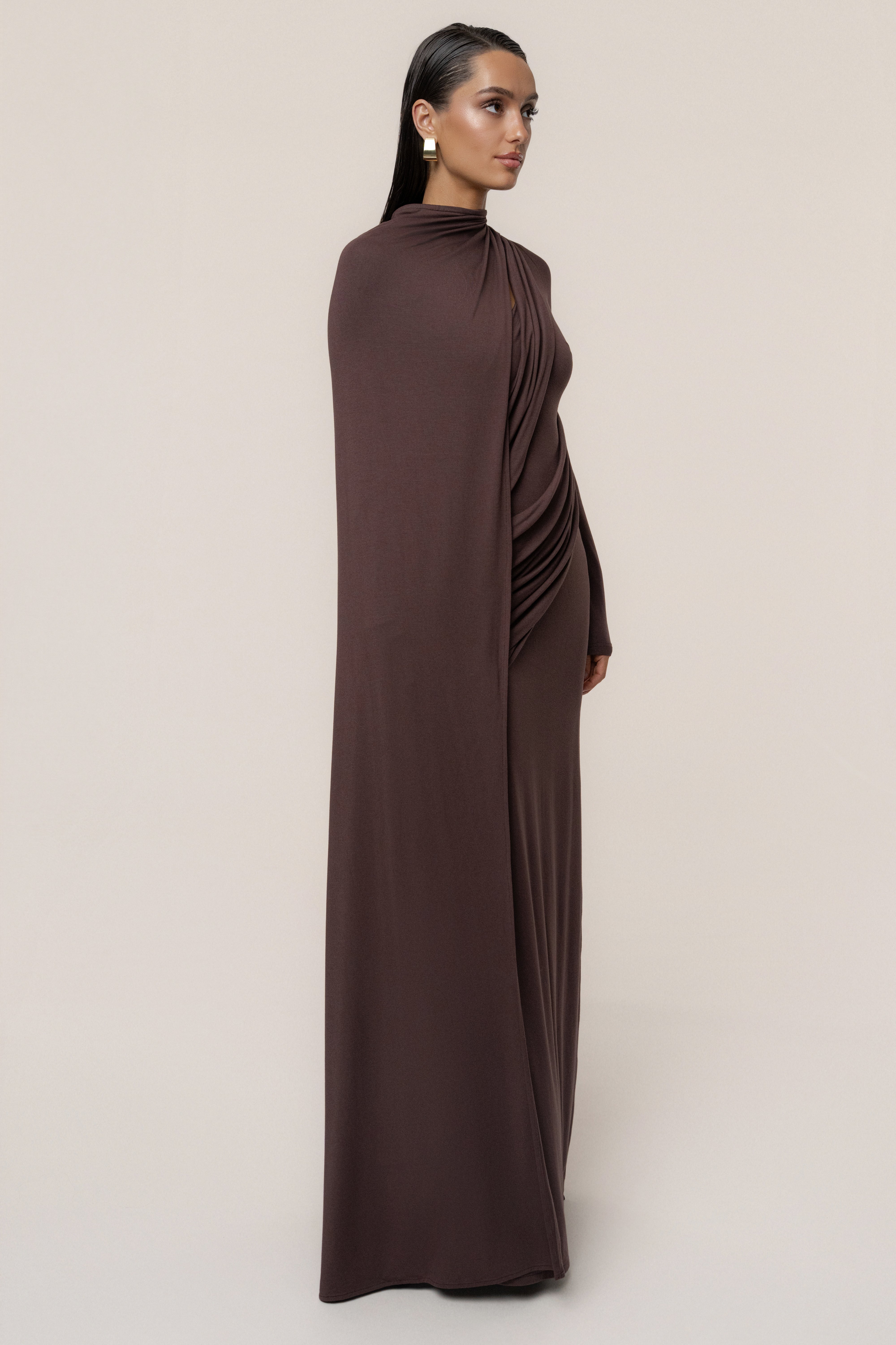 Chocolate Draped Elegance Cape Dress