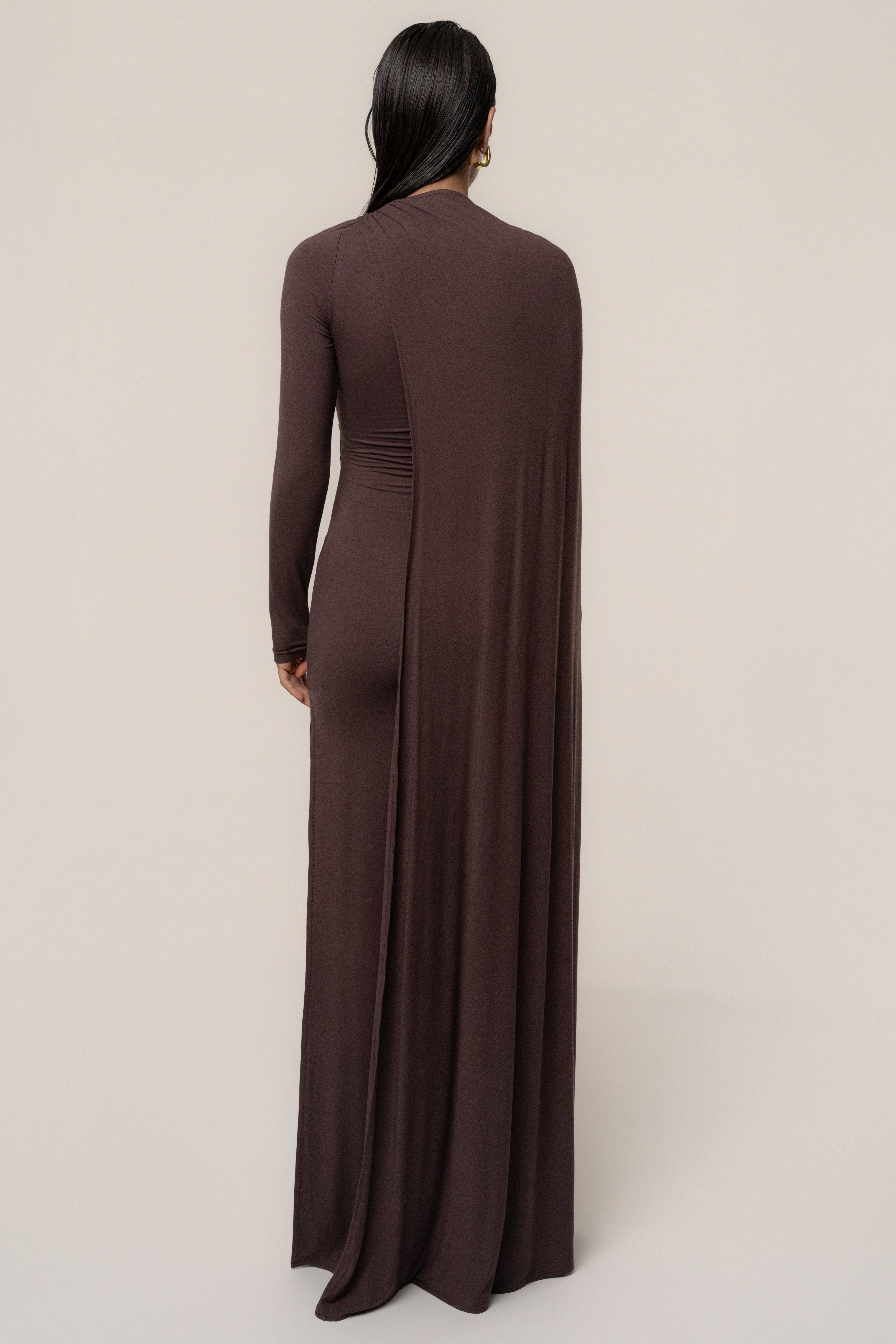 Chocolate Draped Elegance Cape Dress