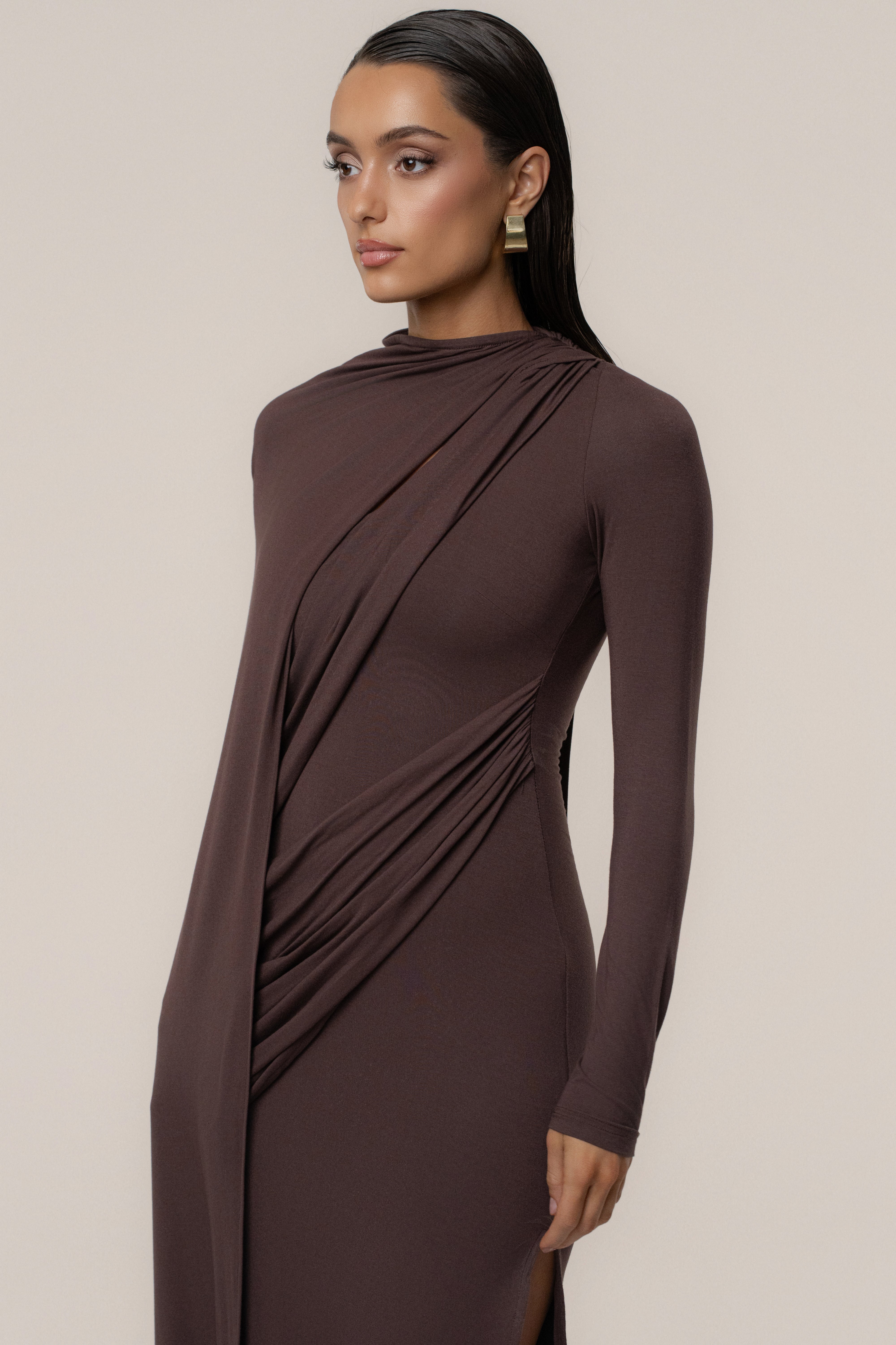 Chocolate Draped Elegance Cape Dress