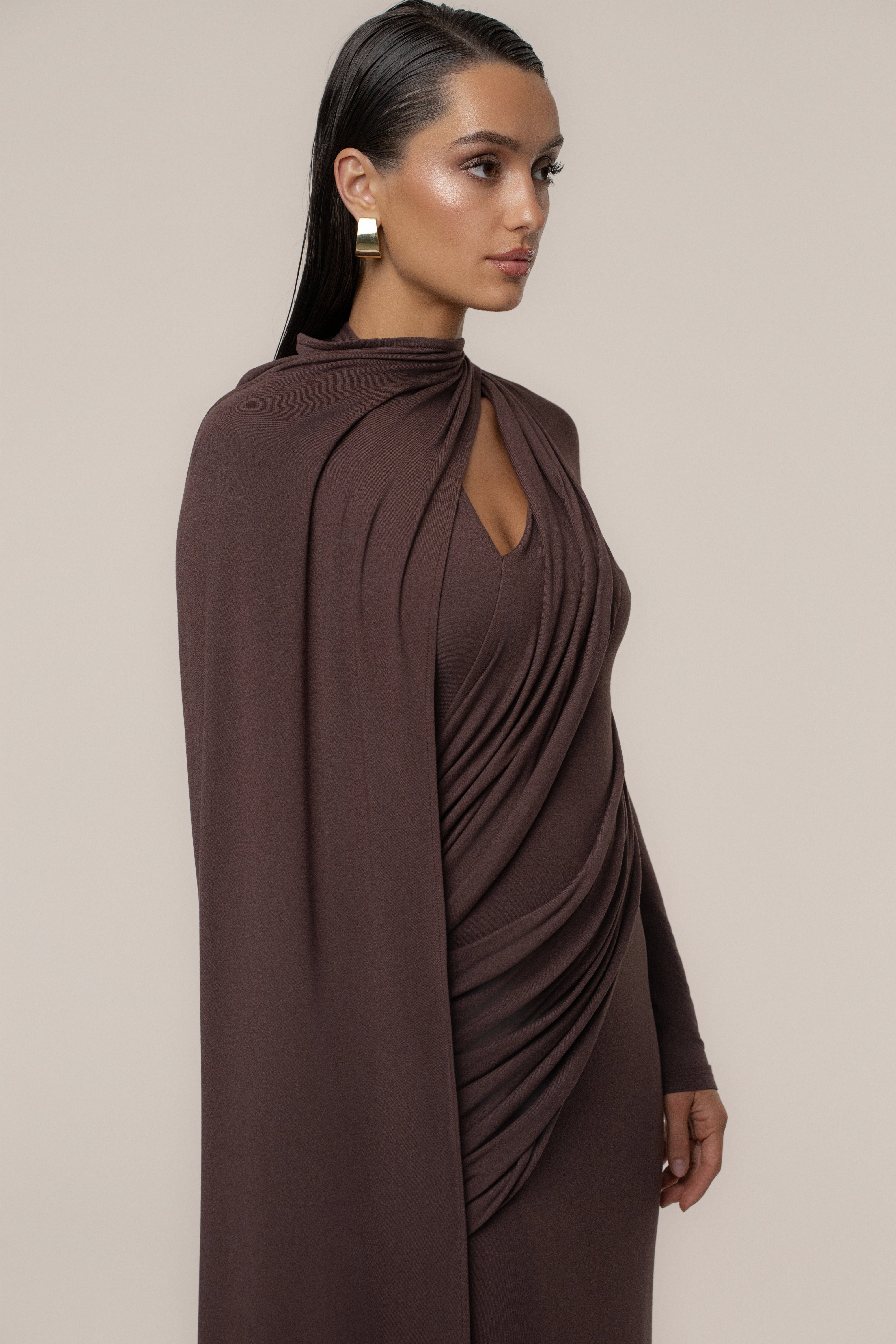 Chocolate Draped Elegance Cape Dress