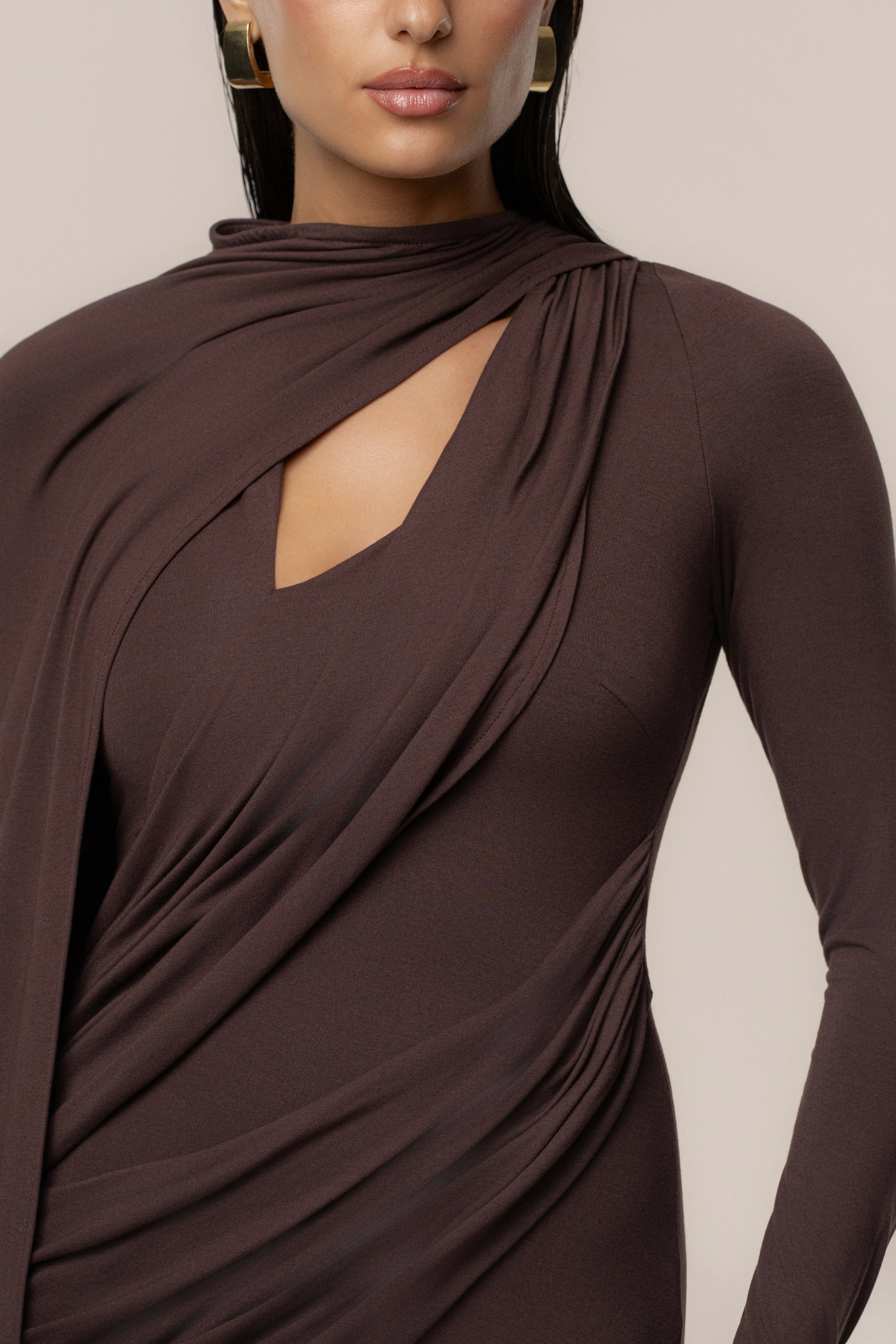 Chocolate Draped Elegance Cape Dress