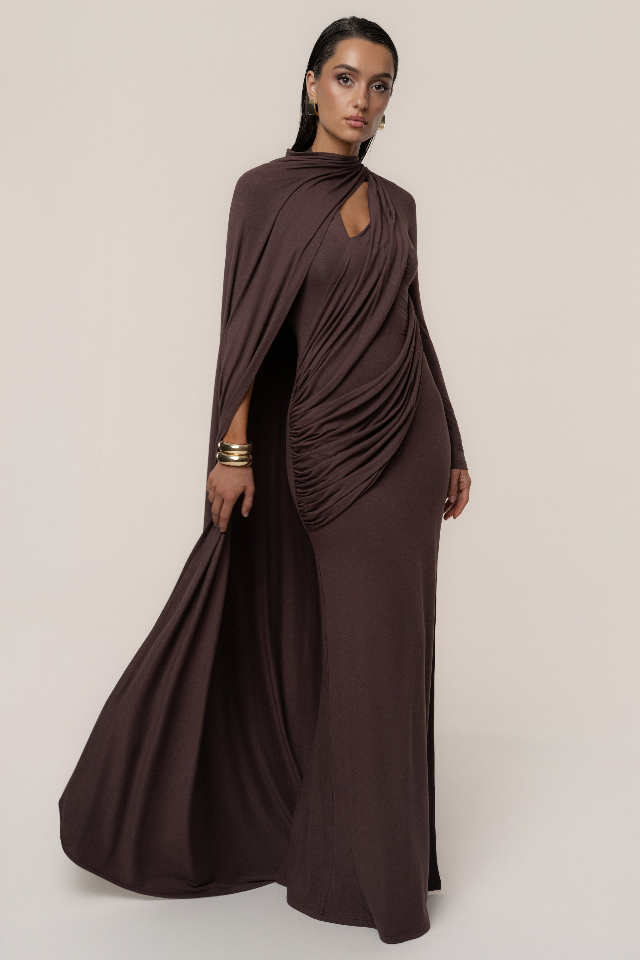 cape dress Jluxlabel Women's Draped Elegance Cape Dress - Brown