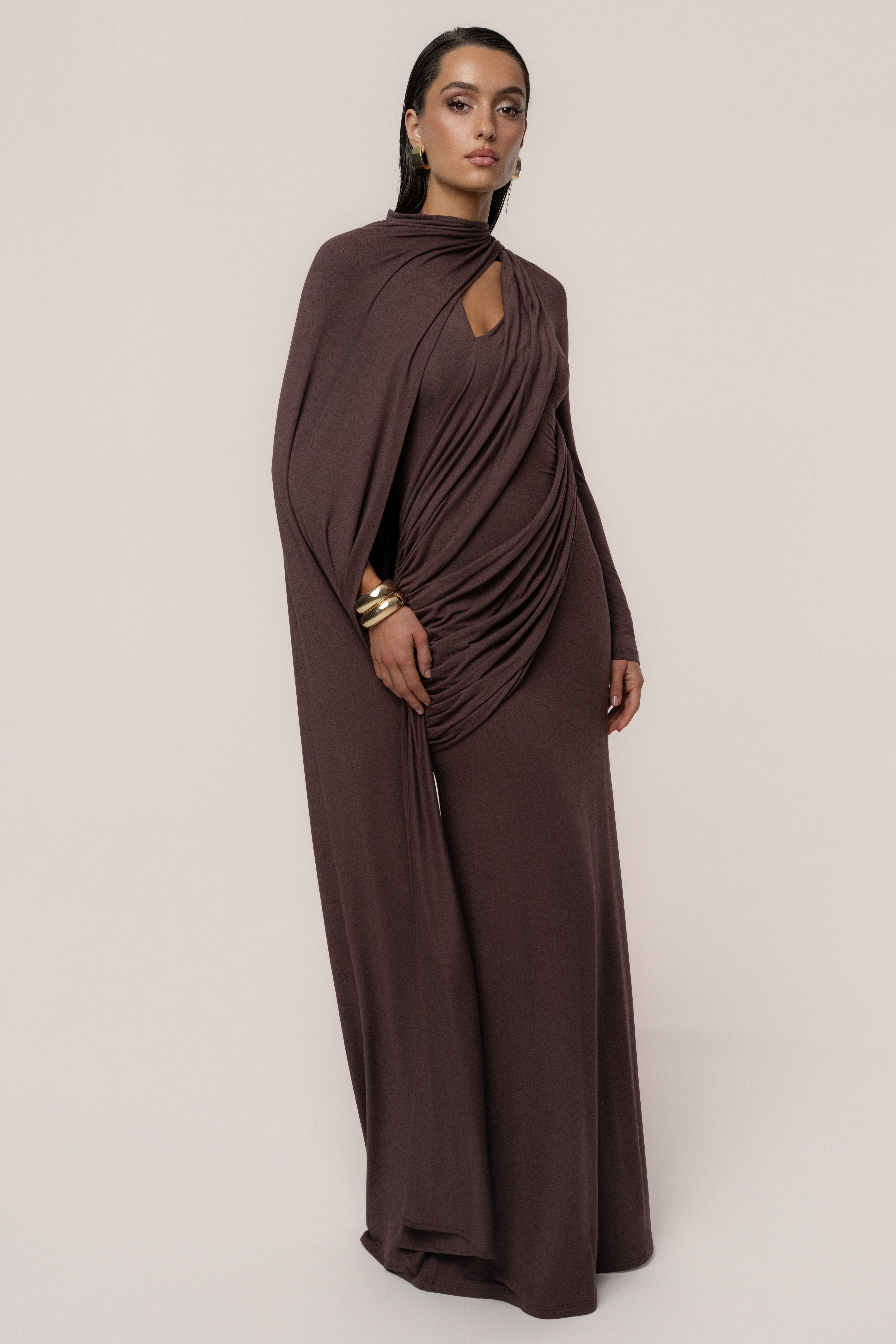 Chocolate Draped Elegance Cape Dress