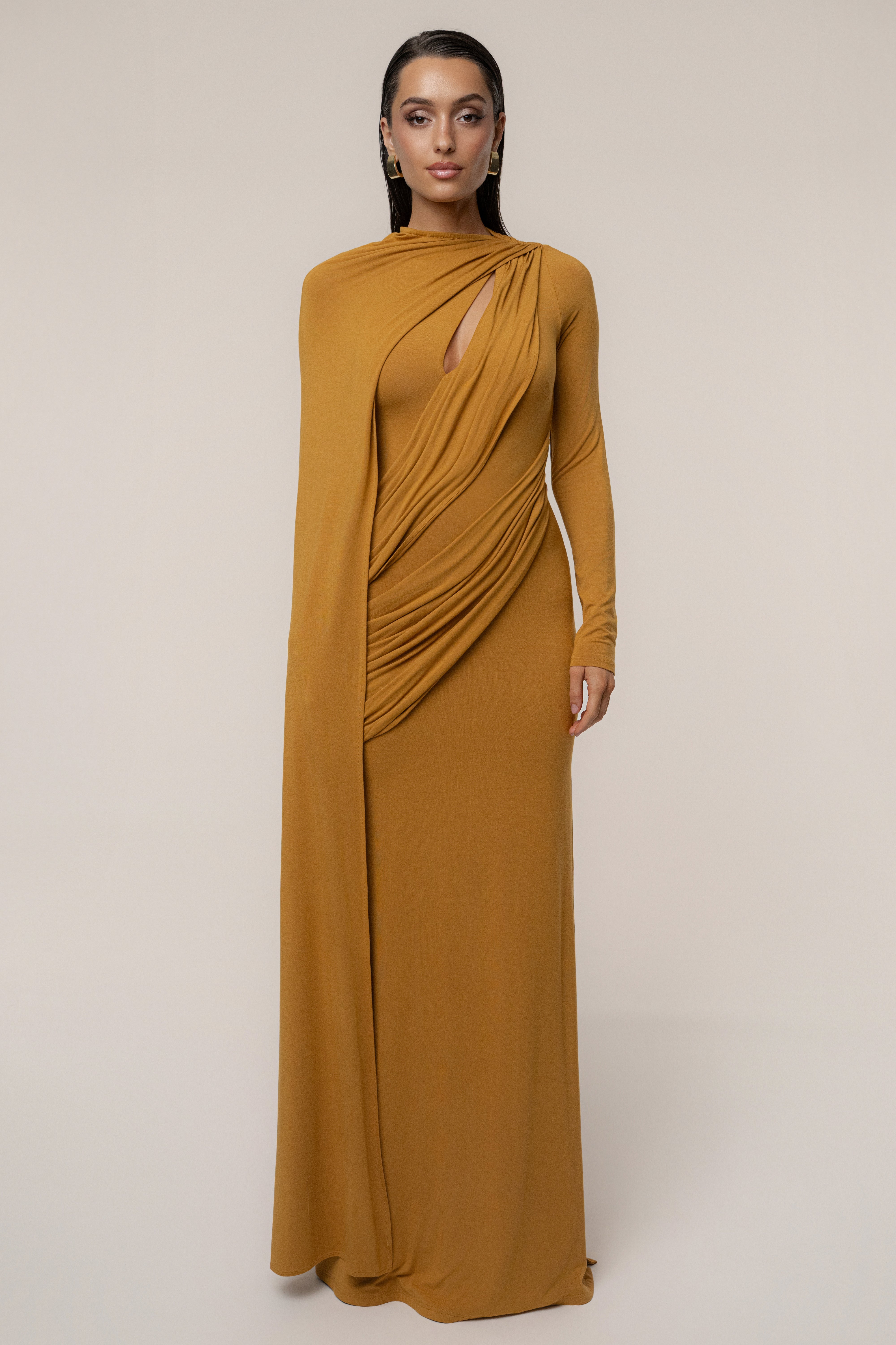 Gold Draped Elegance Cape Dress