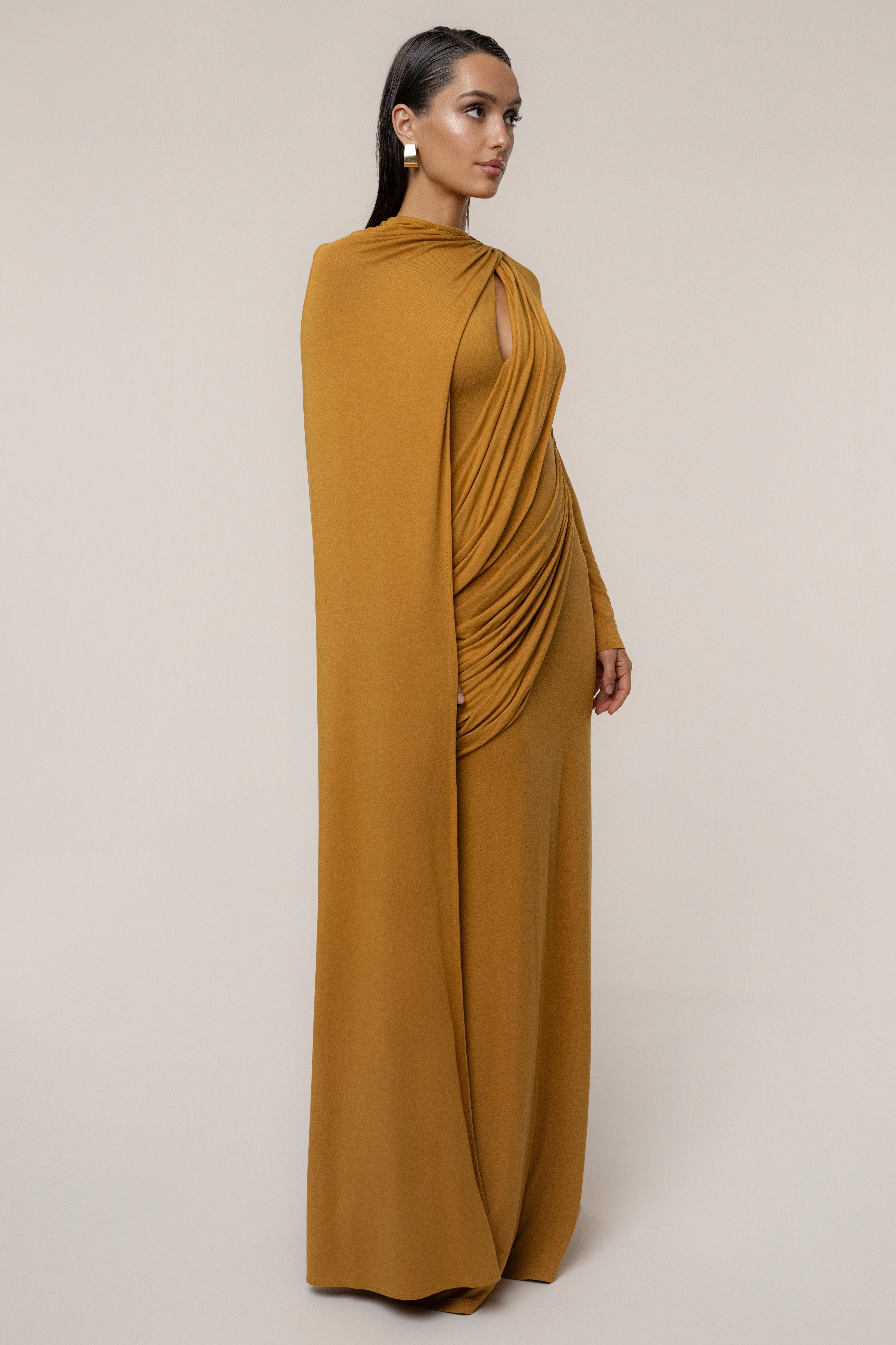 Gold Draped Elegance Cape Dress