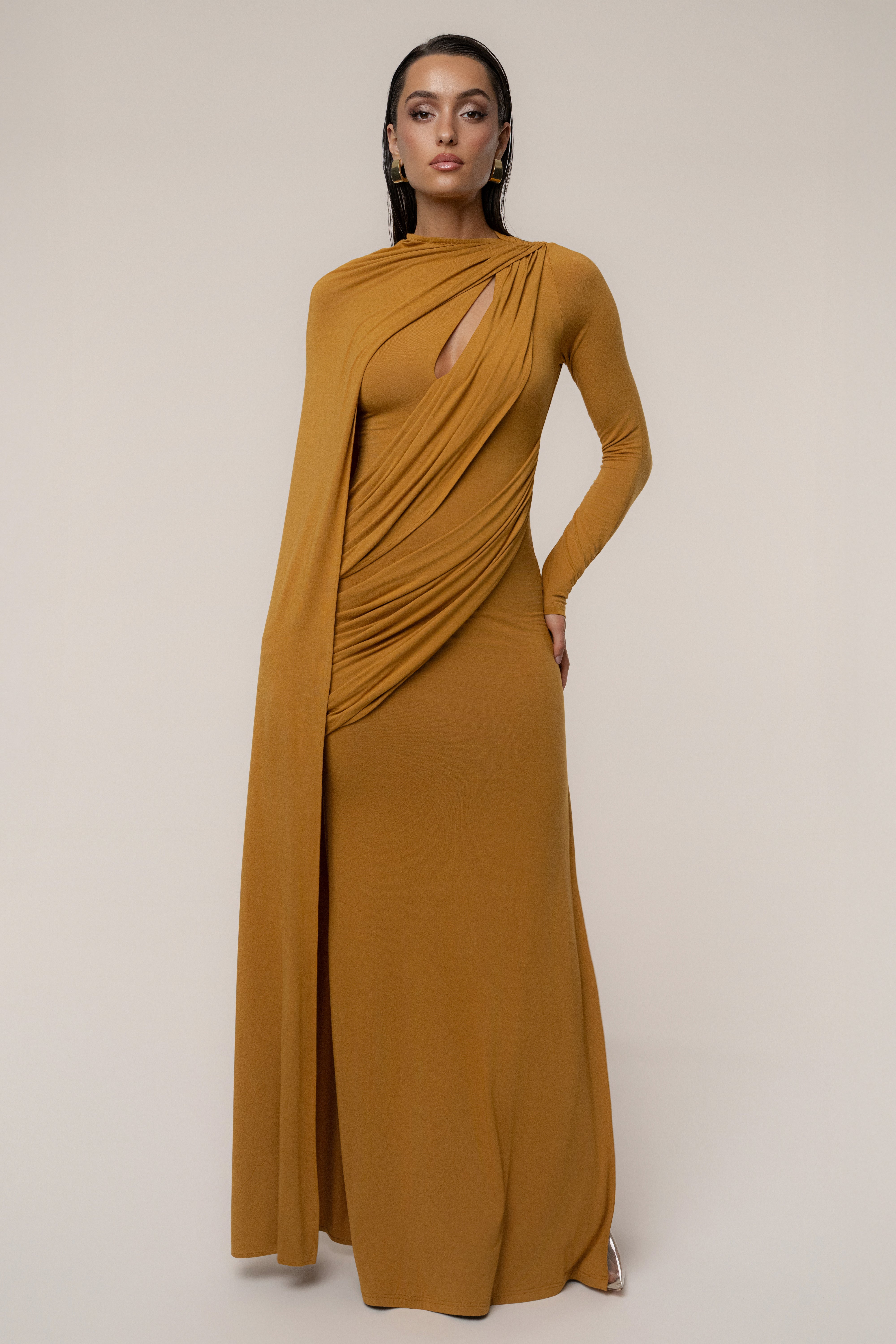 Gold Draped Elegance Cape Dress