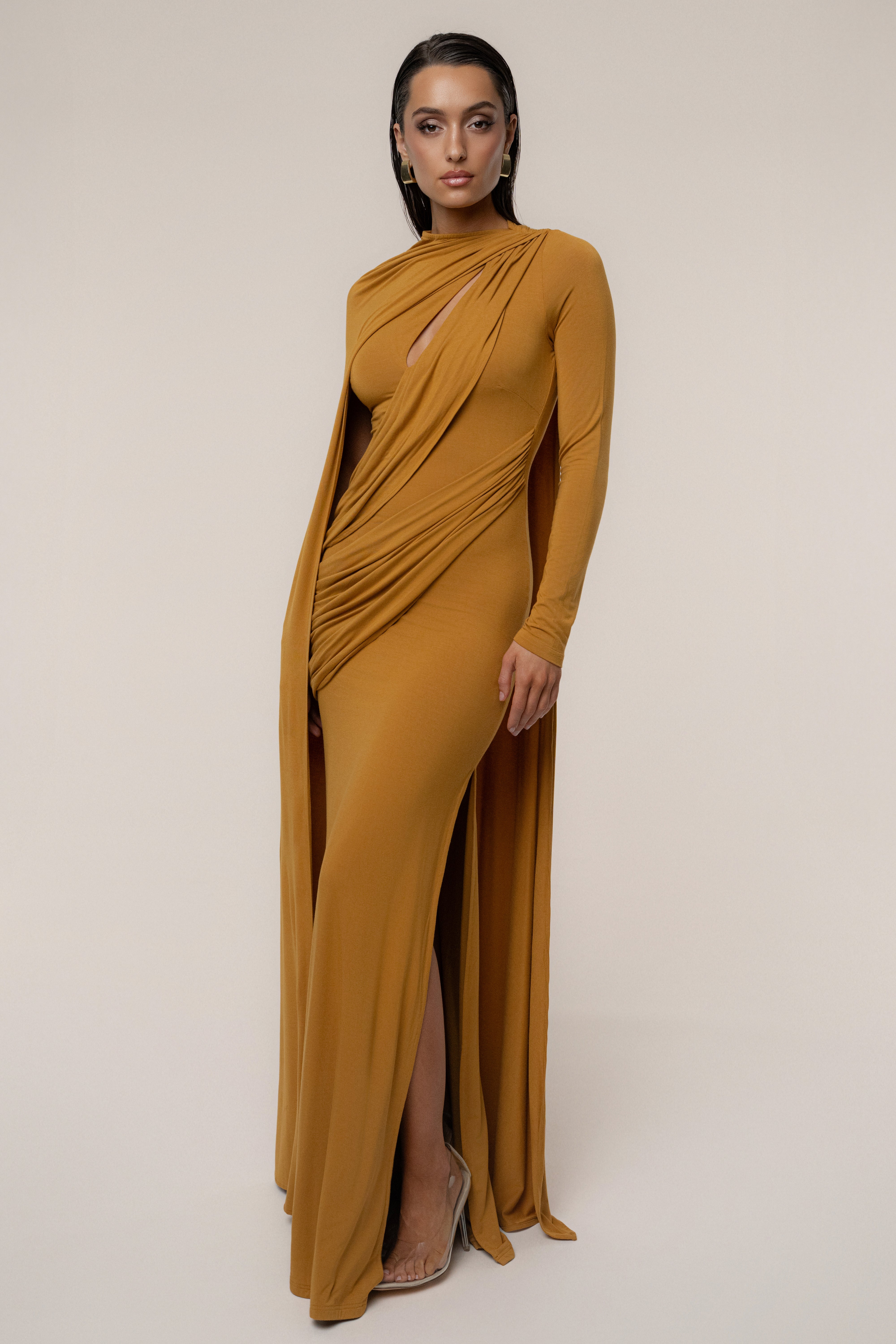 Gold Draped Elegance Cape Dress