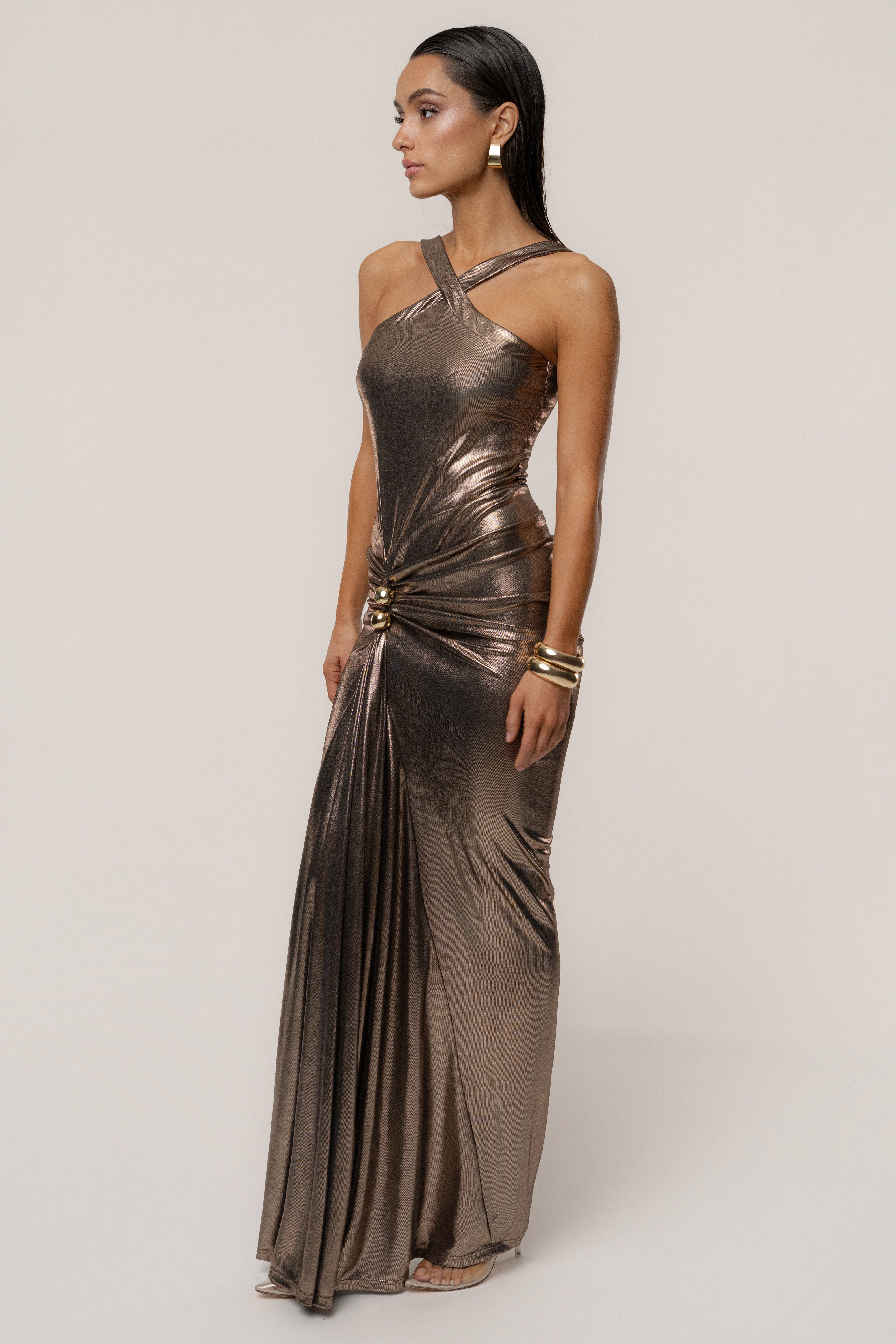 Bronze Izabel Draped Maxi Gown