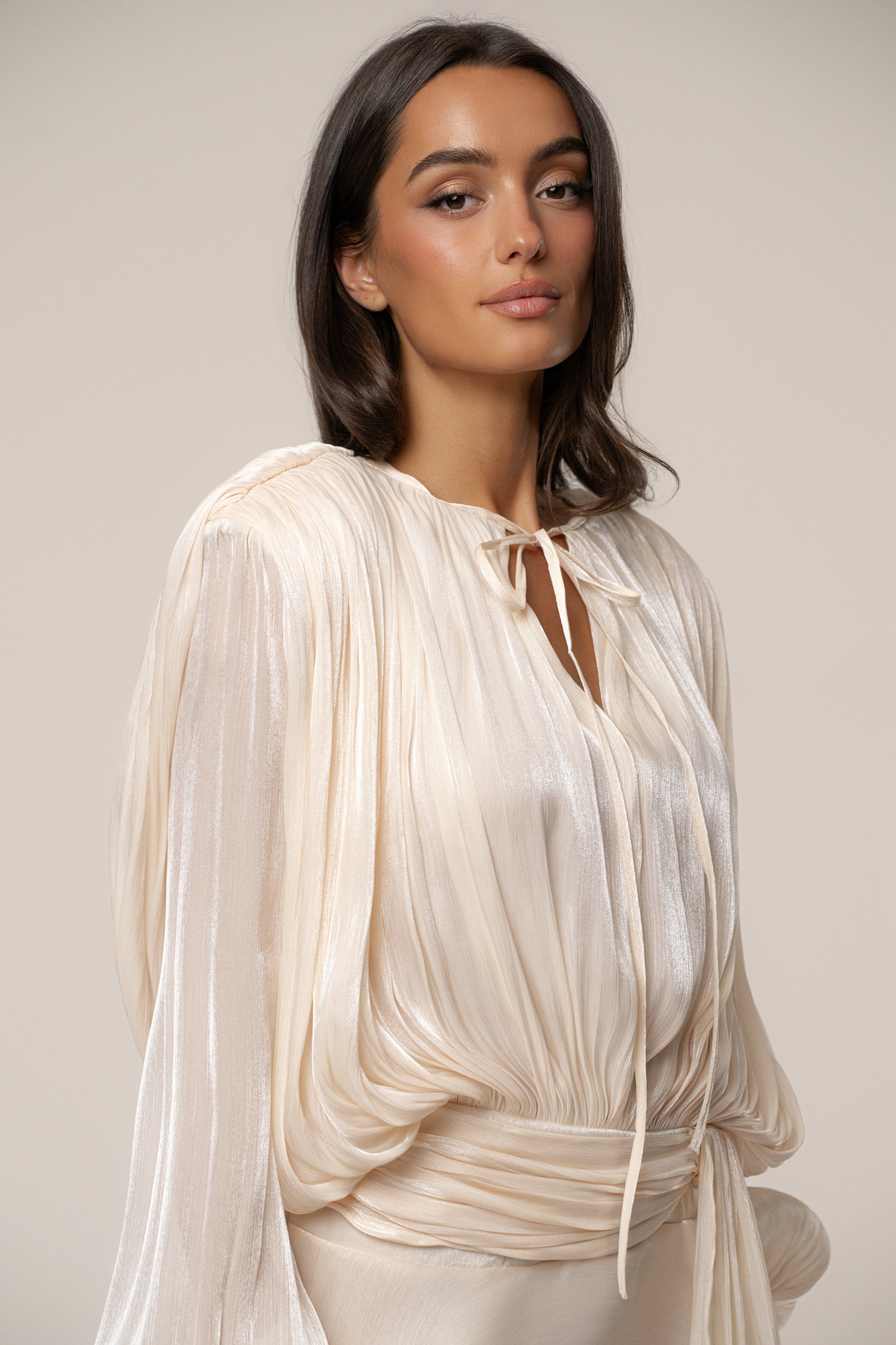 Cream Pure Glow Draped Mini Dress - JLUXLABEL