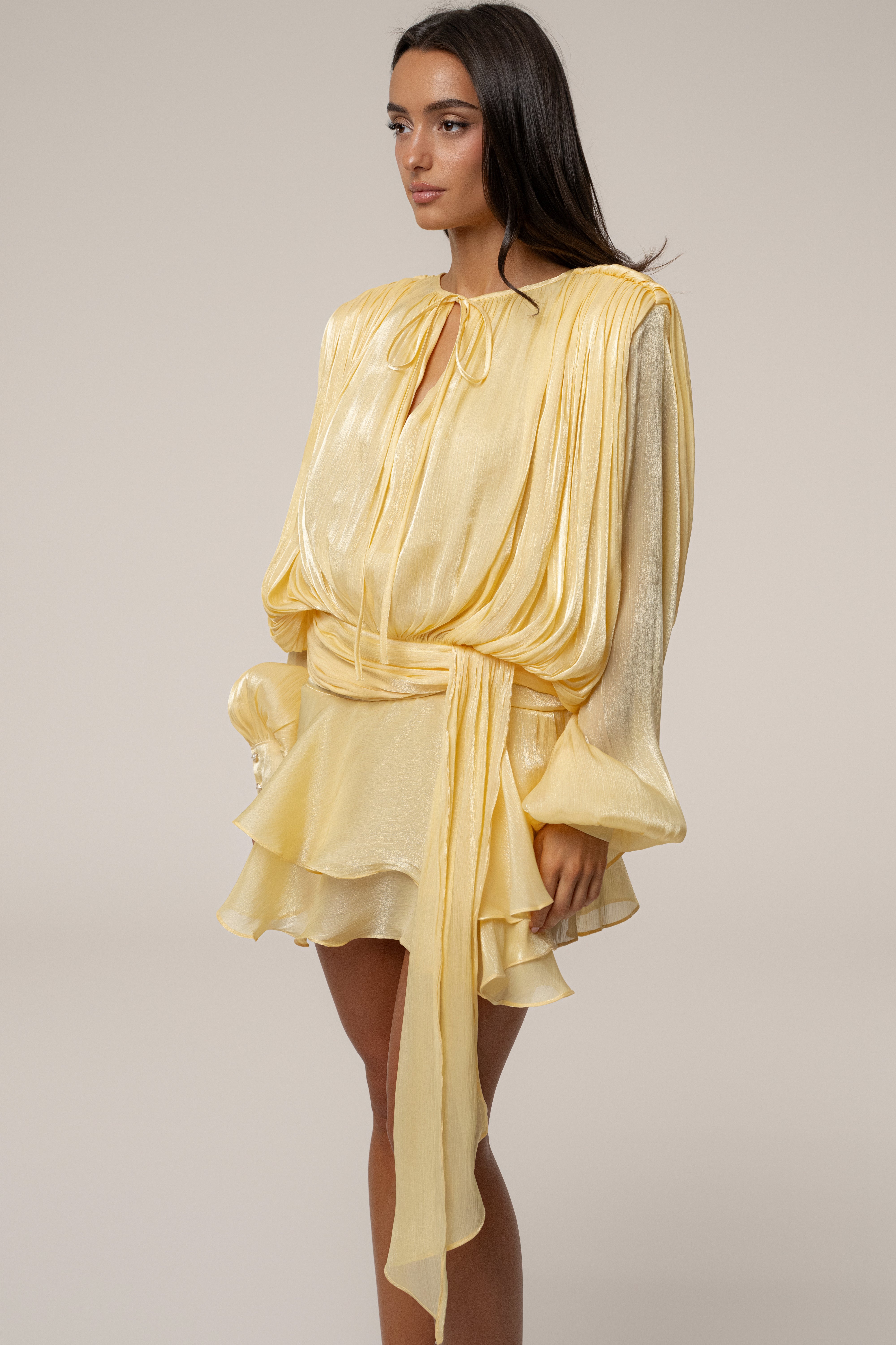Yellow Pure Glow Draped Mini Dress - JLUXLABEL