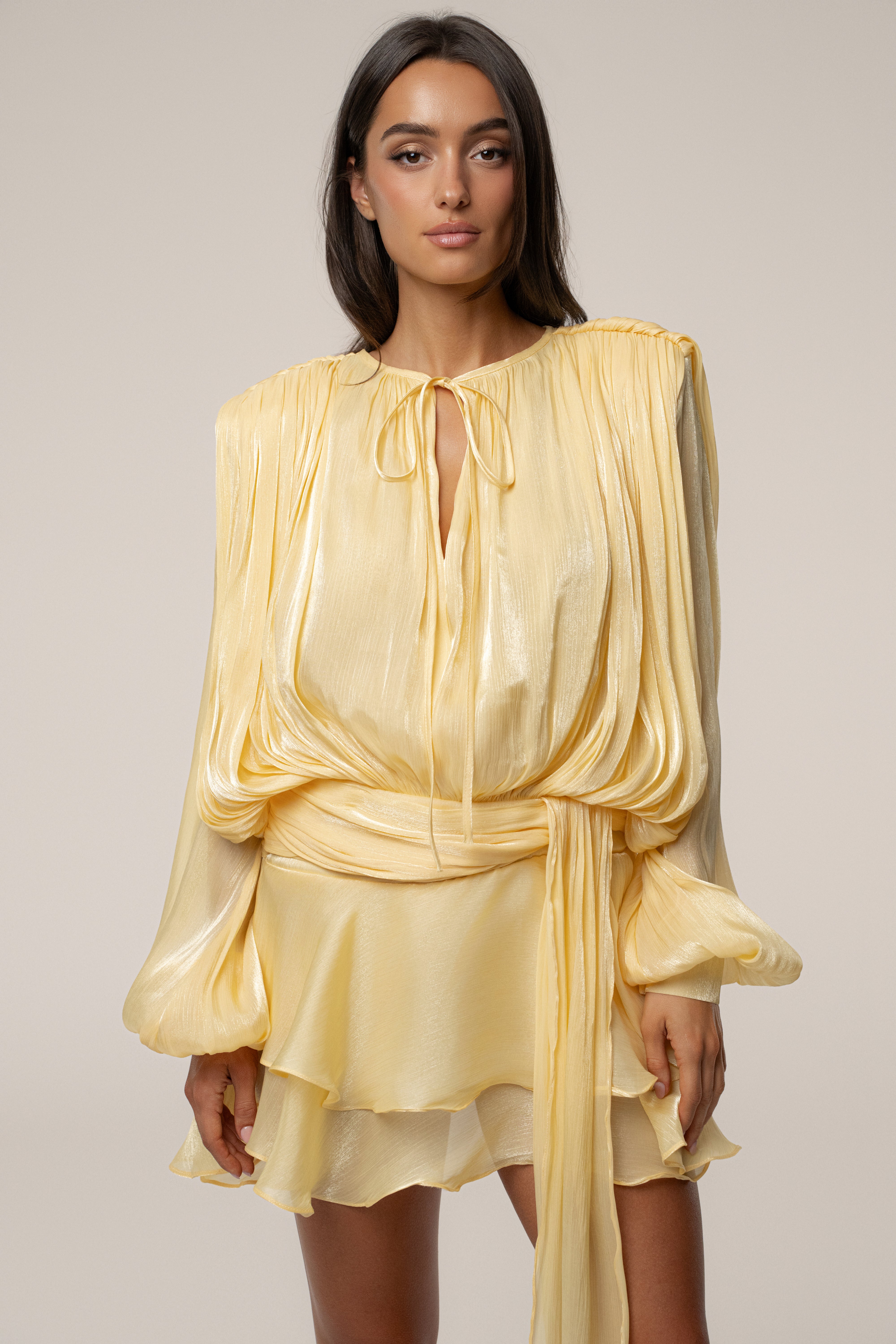 Yellow Pure Glow Draped Mini Dress - JLUXLABEL