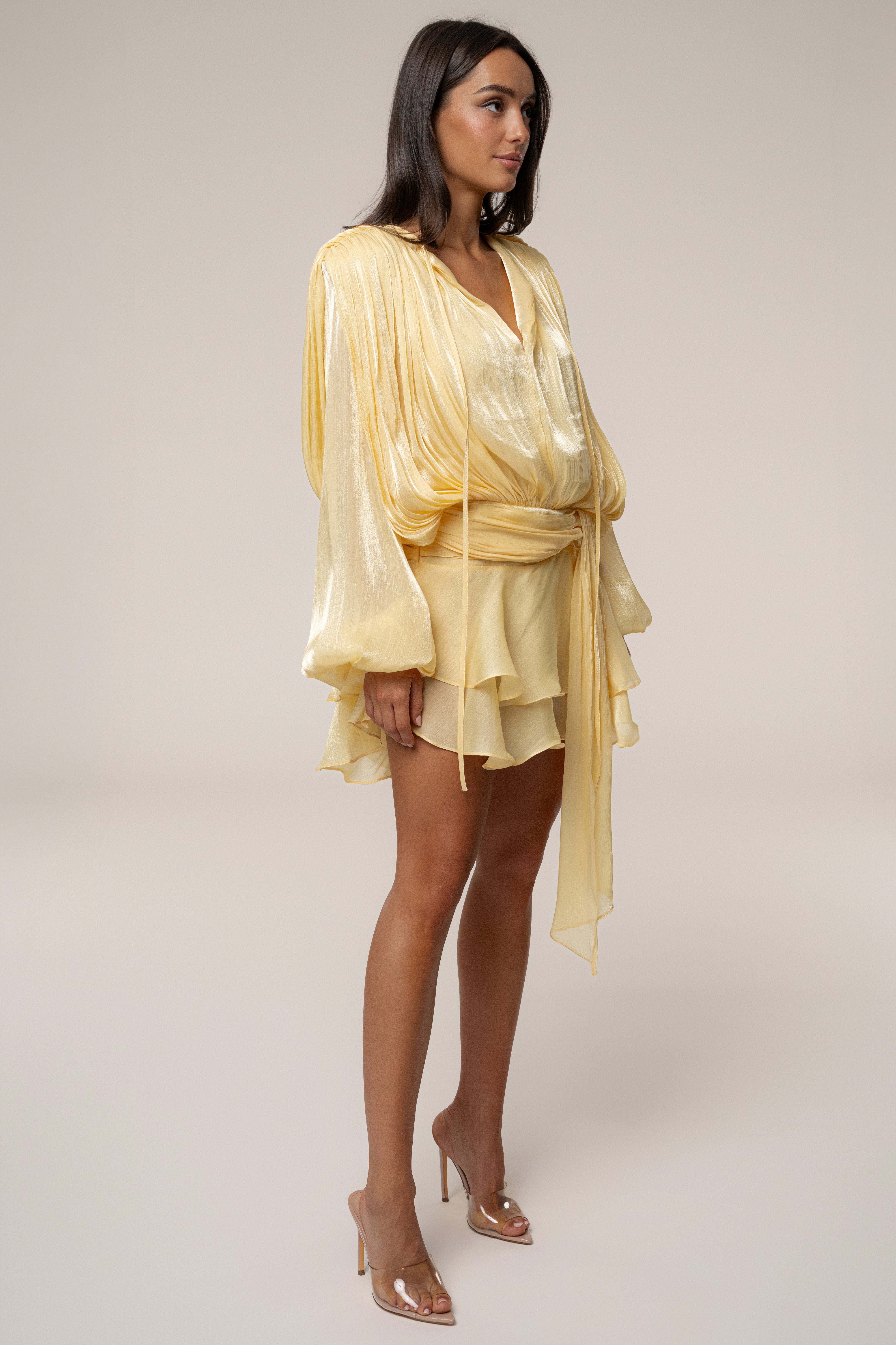 Yellow Pure Glow Draped Mini Dress - JLUXLABEL
