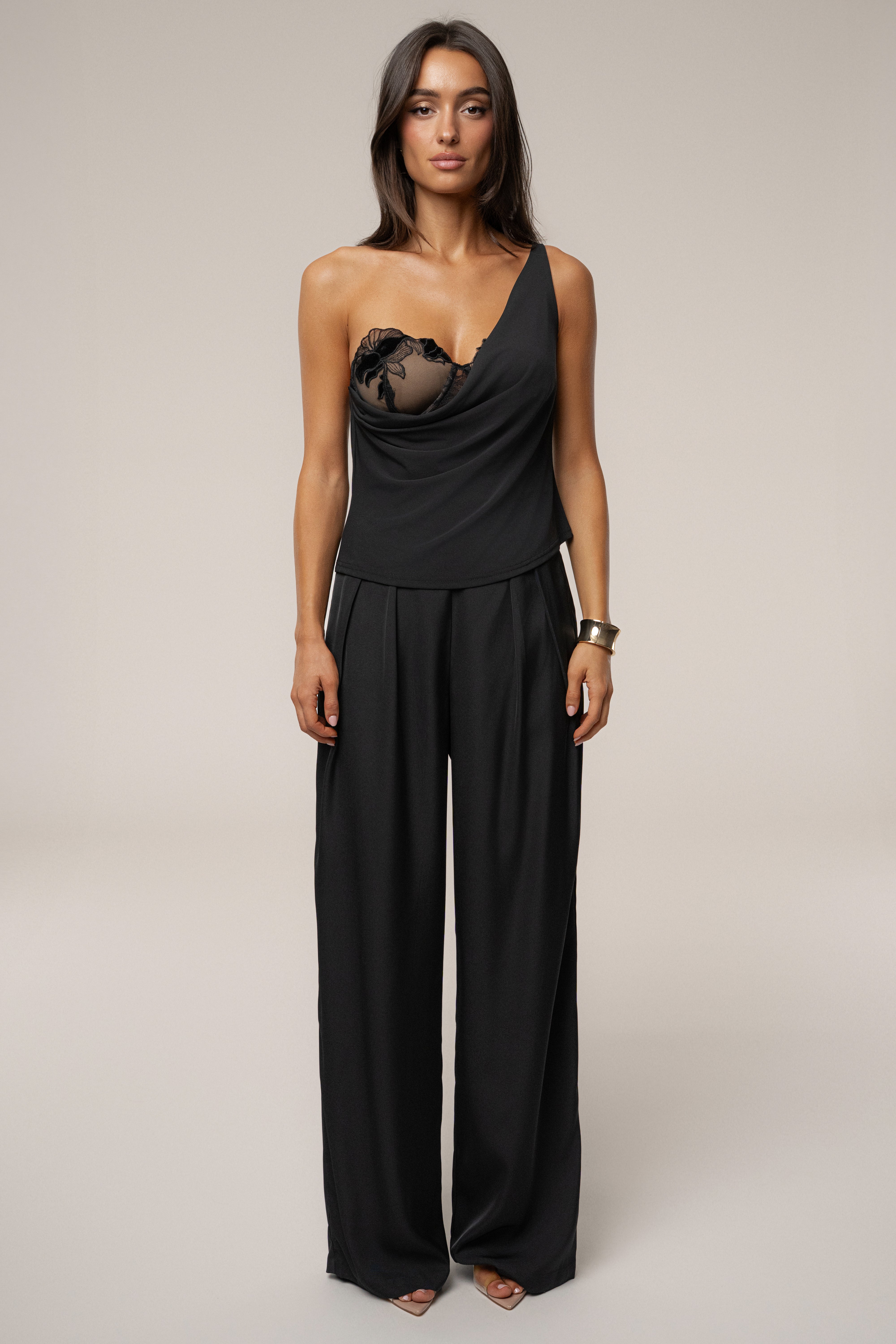 Black Velina Satin Cowl Top - JLUXLABEL