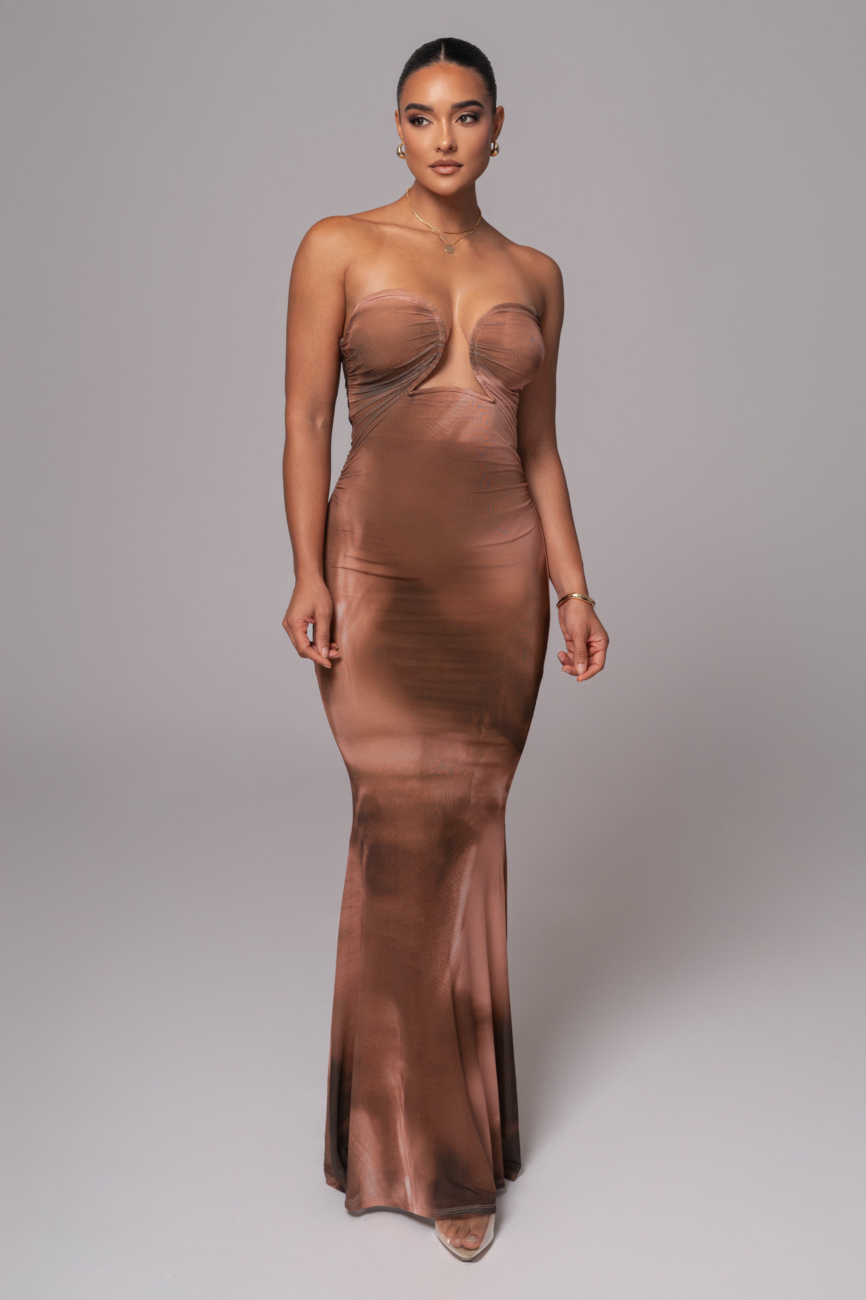 Brown Abstract Bethany Strapless Maxi Dress - JLUXLABEL