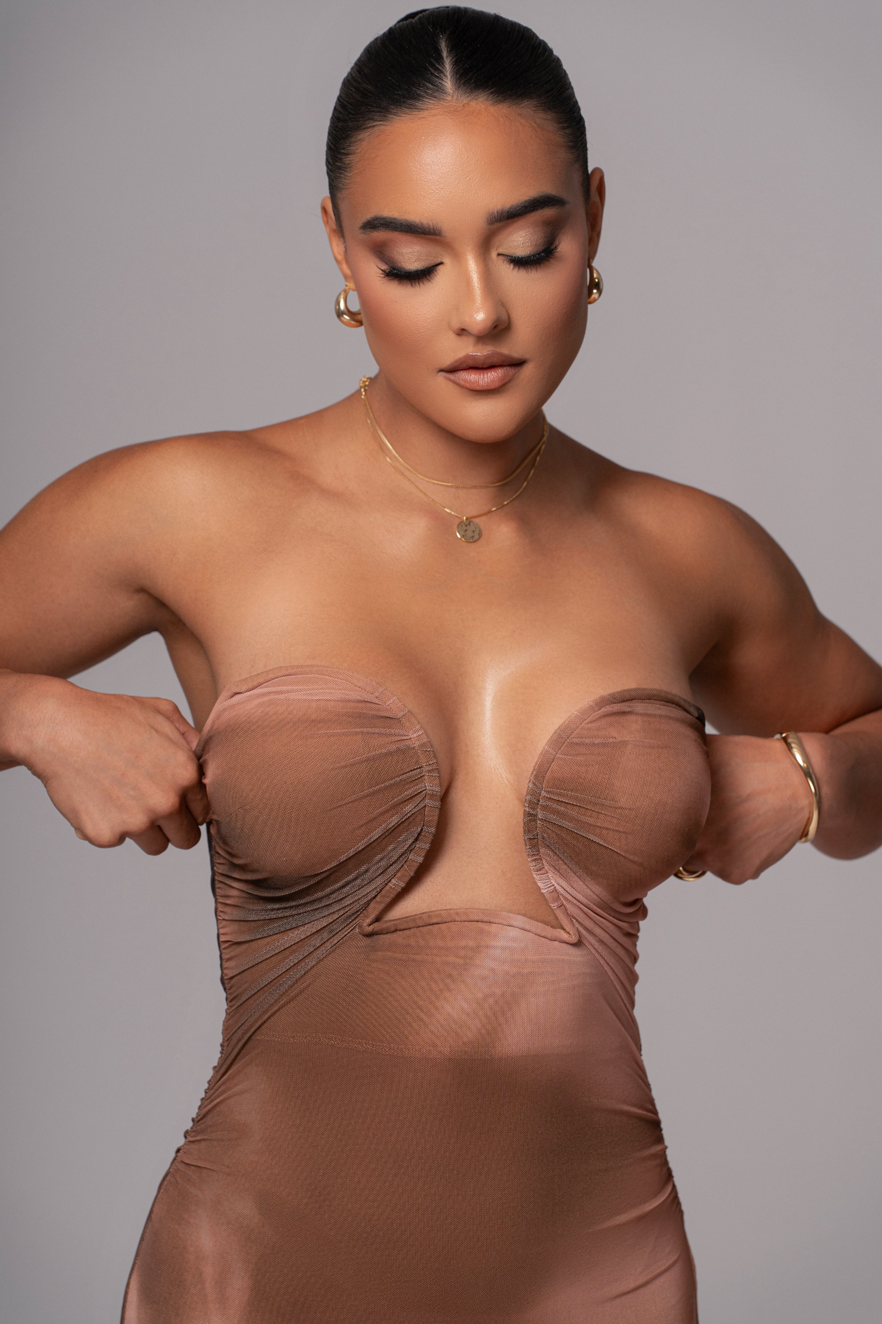 Brown Abstract Bethany Strapless Maxi Dress - JLUXLABEL