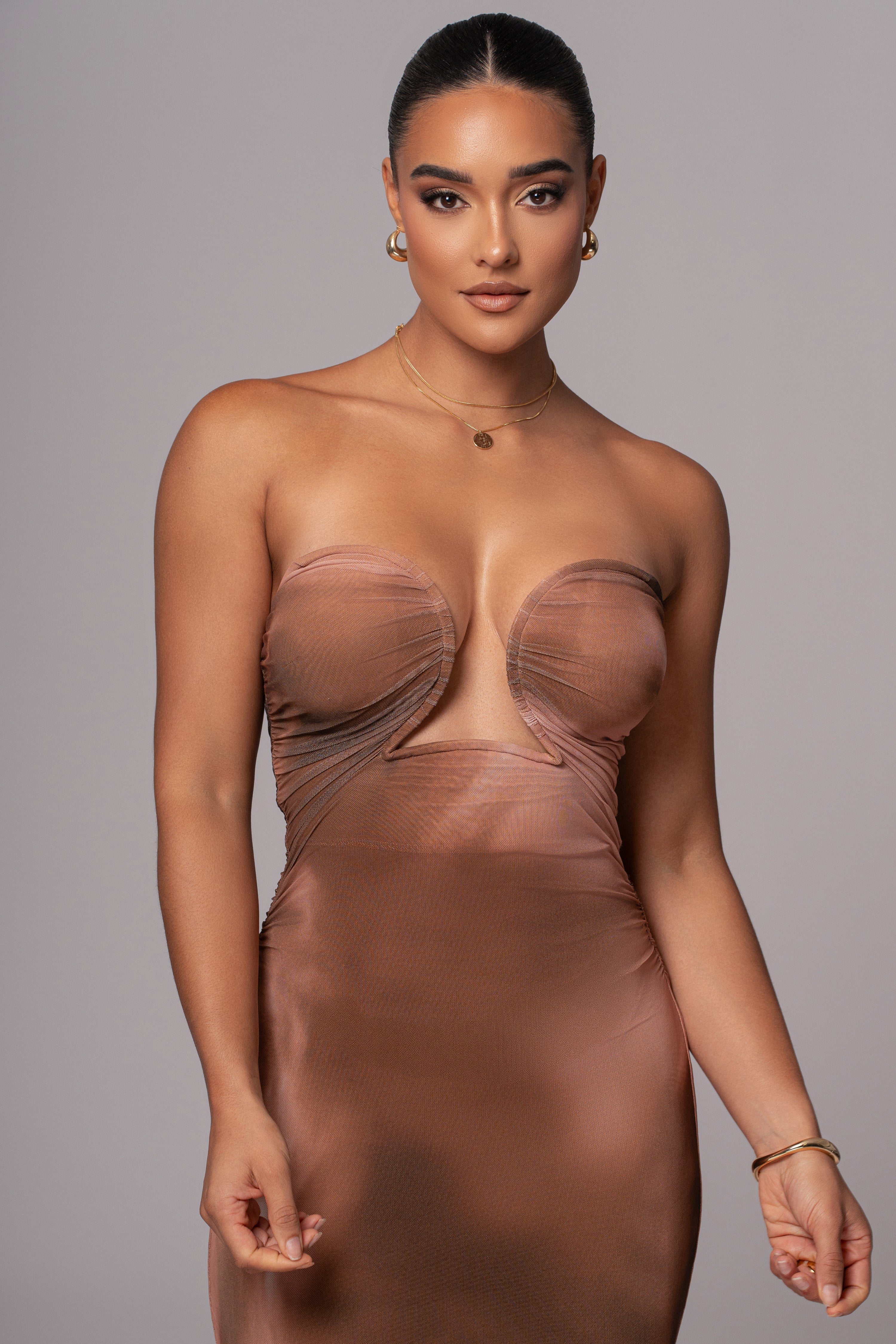 Brown Abstract Bethany Strapless Maxi Dress - JLUXLABEL