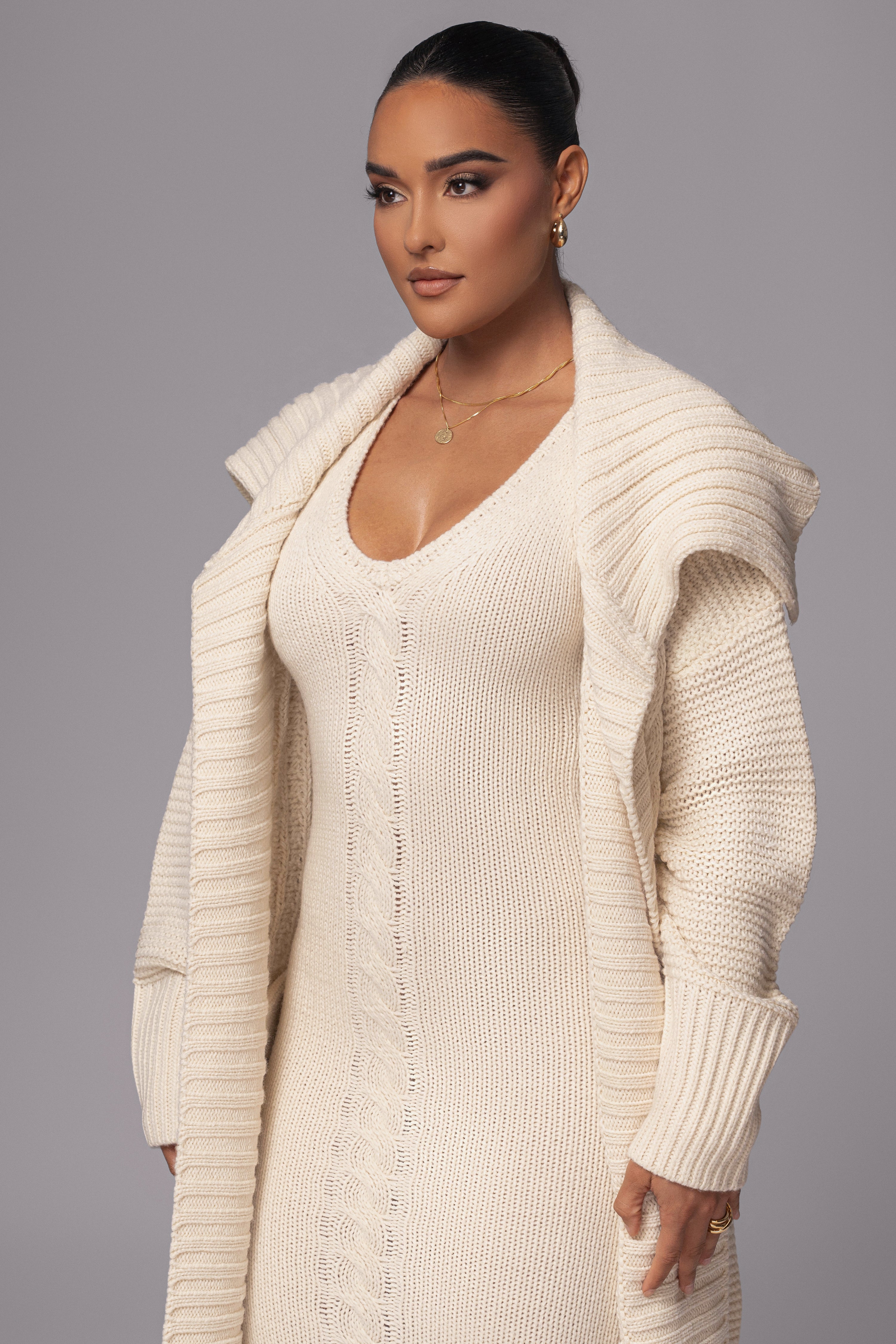Ivory Sleeveless Cable Knit Dress - JLUXLABEL