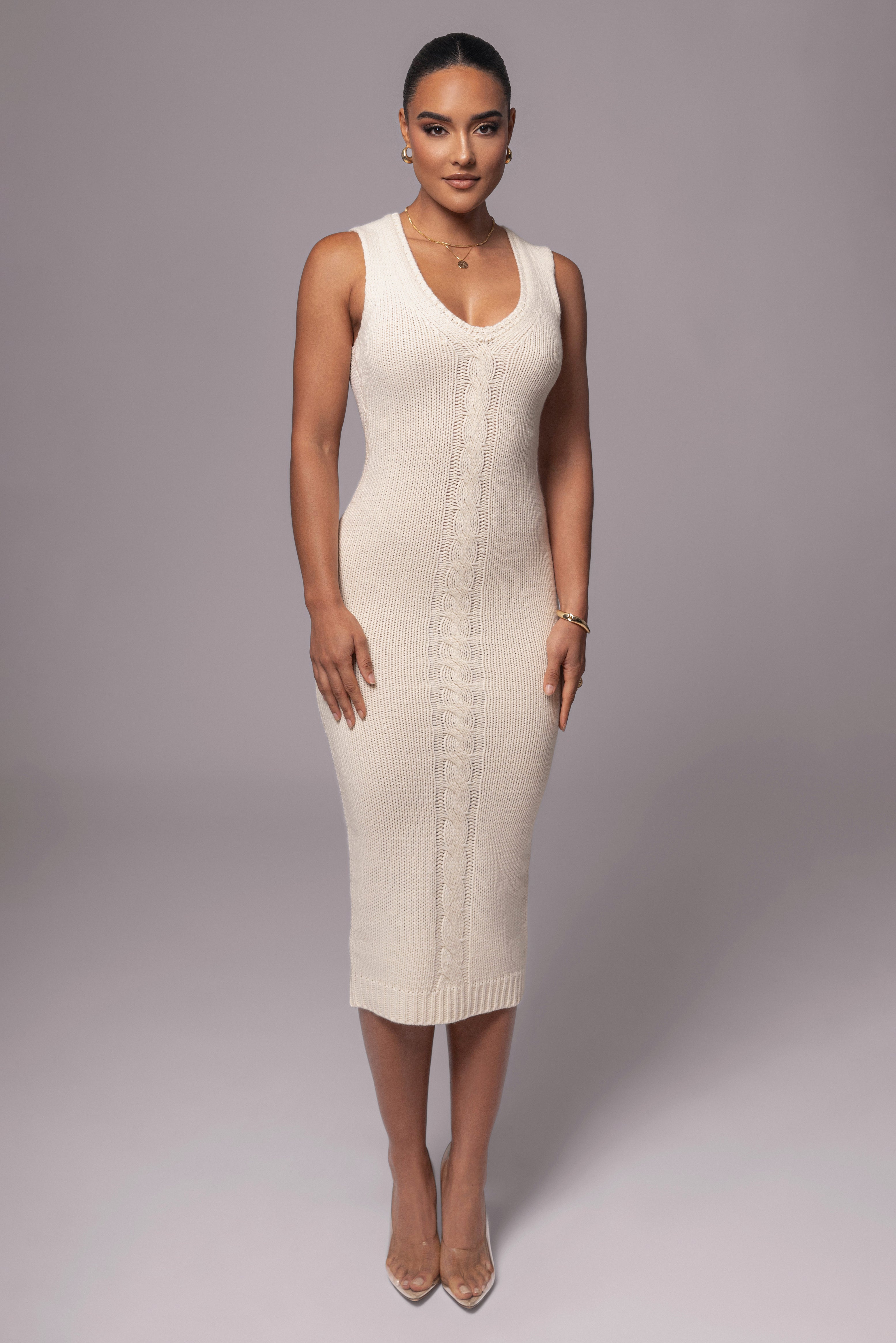 Ivory Sleeveless Cable Knit Dress - JLUXLABEL