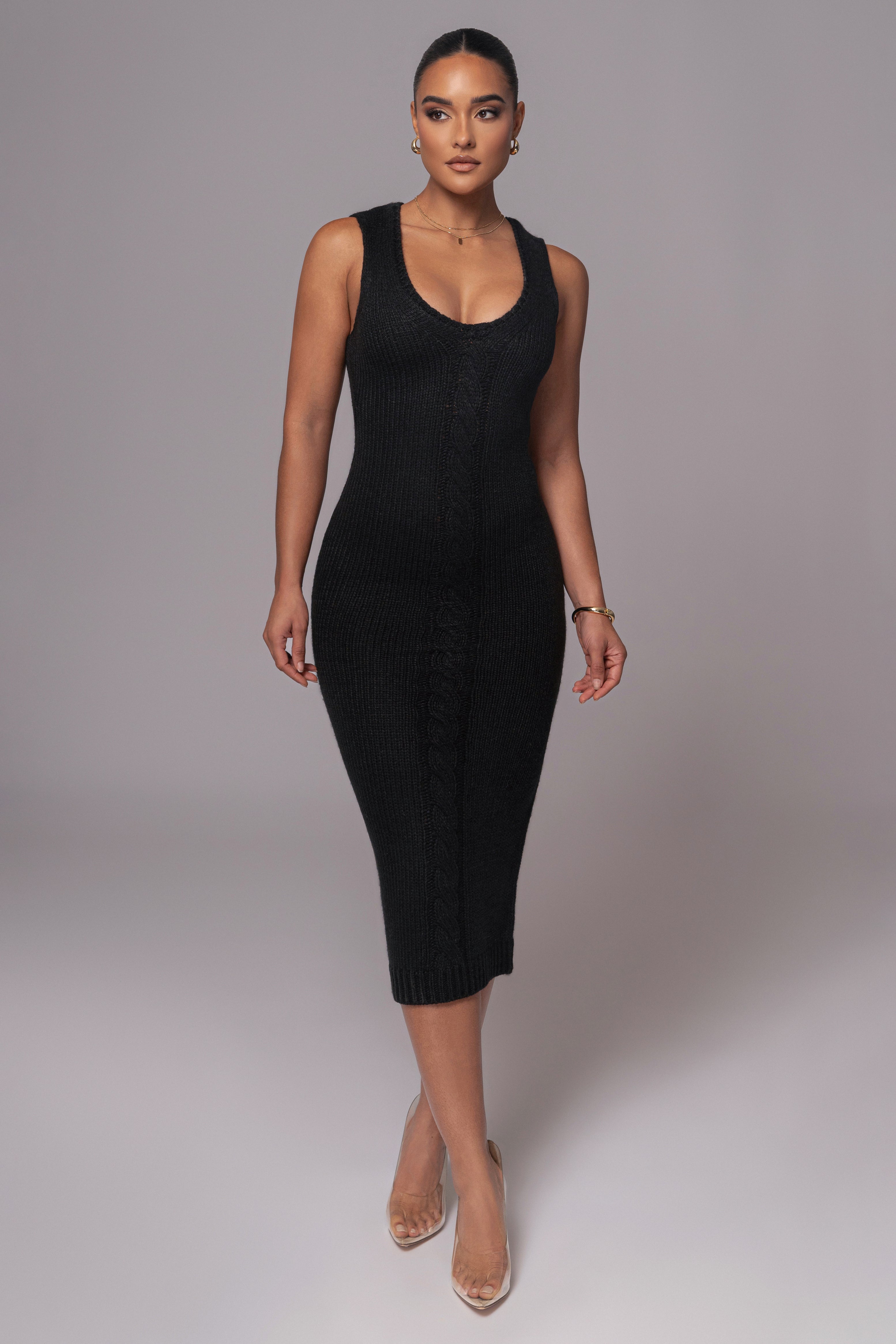 Black Sleeveless Cable Knit Dress - JLUXLABEL