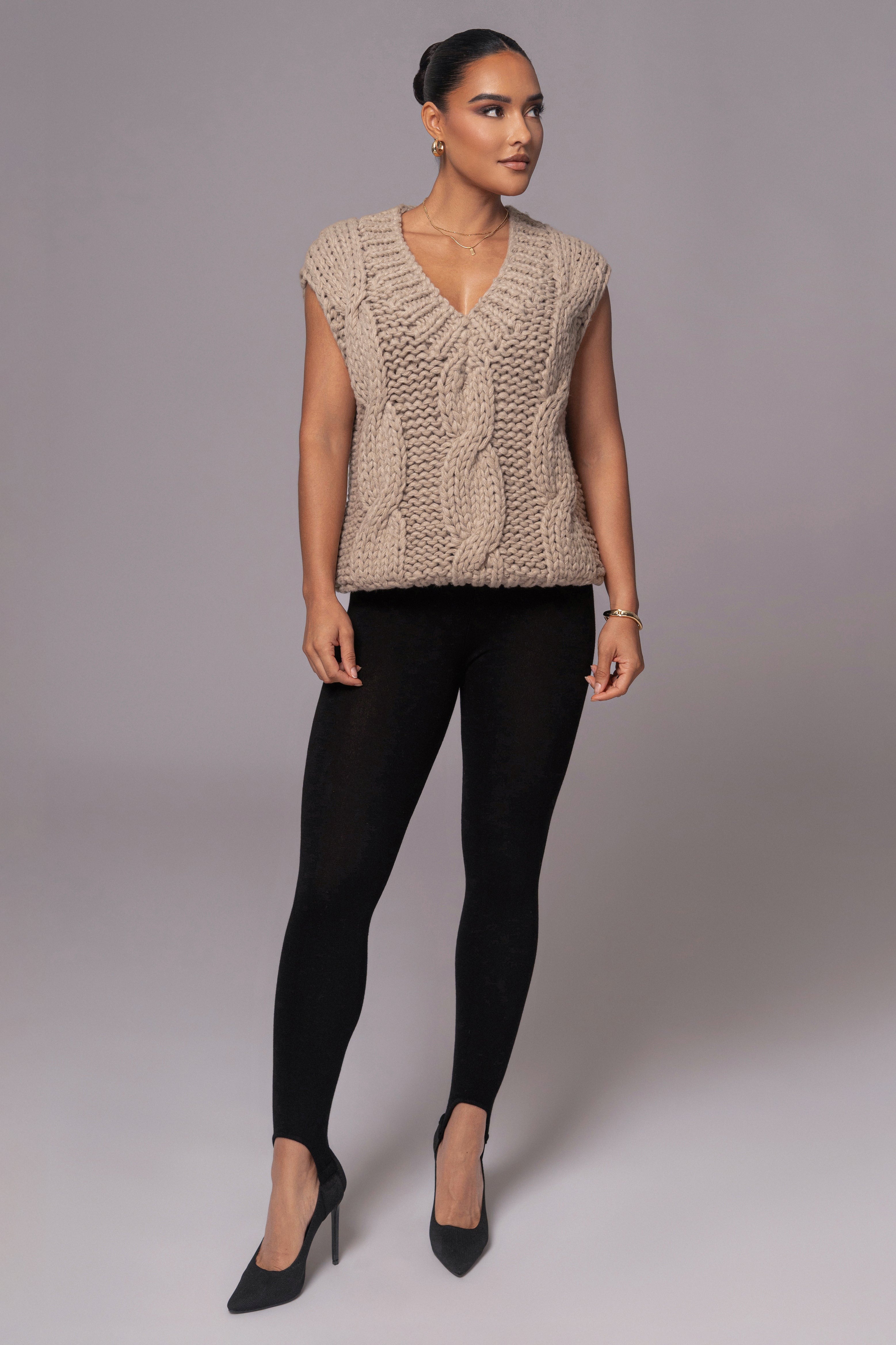 Taupe Mari Cable Knit Vest - JLUXLABEL