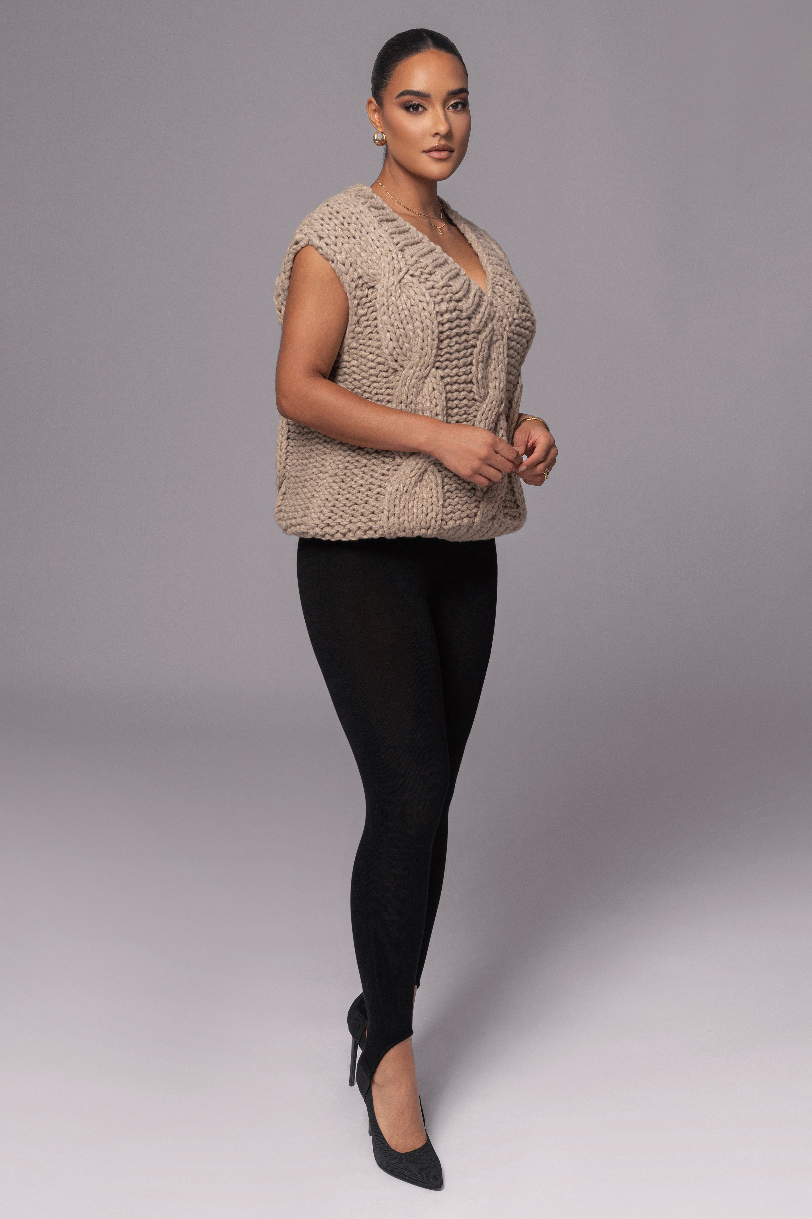 Taupe Mari Cable Knit Vest - JLUXLABEL