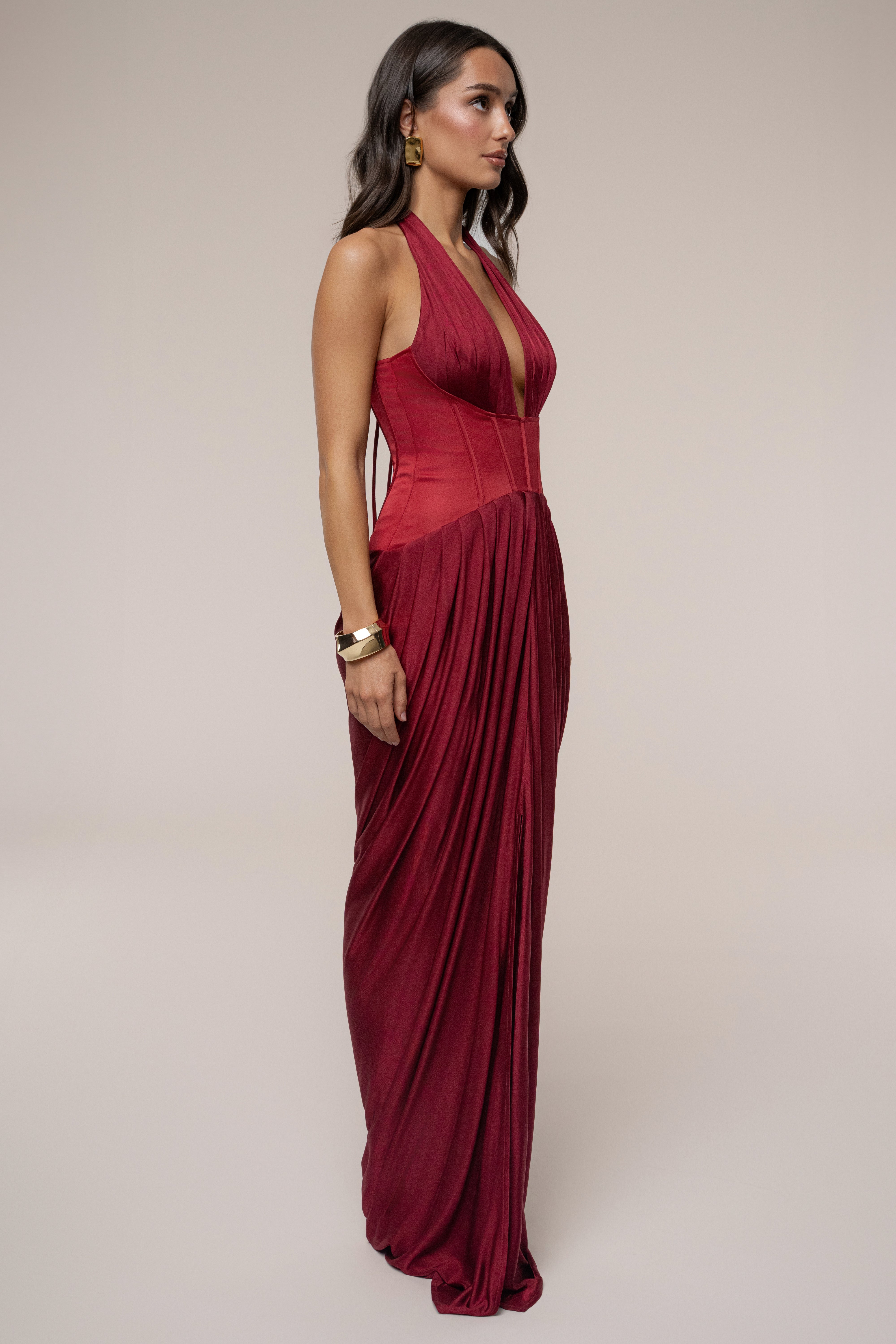 PRE-ORDER Burgundy Drape And Destiny Maxi Dress - JLUXLABEL