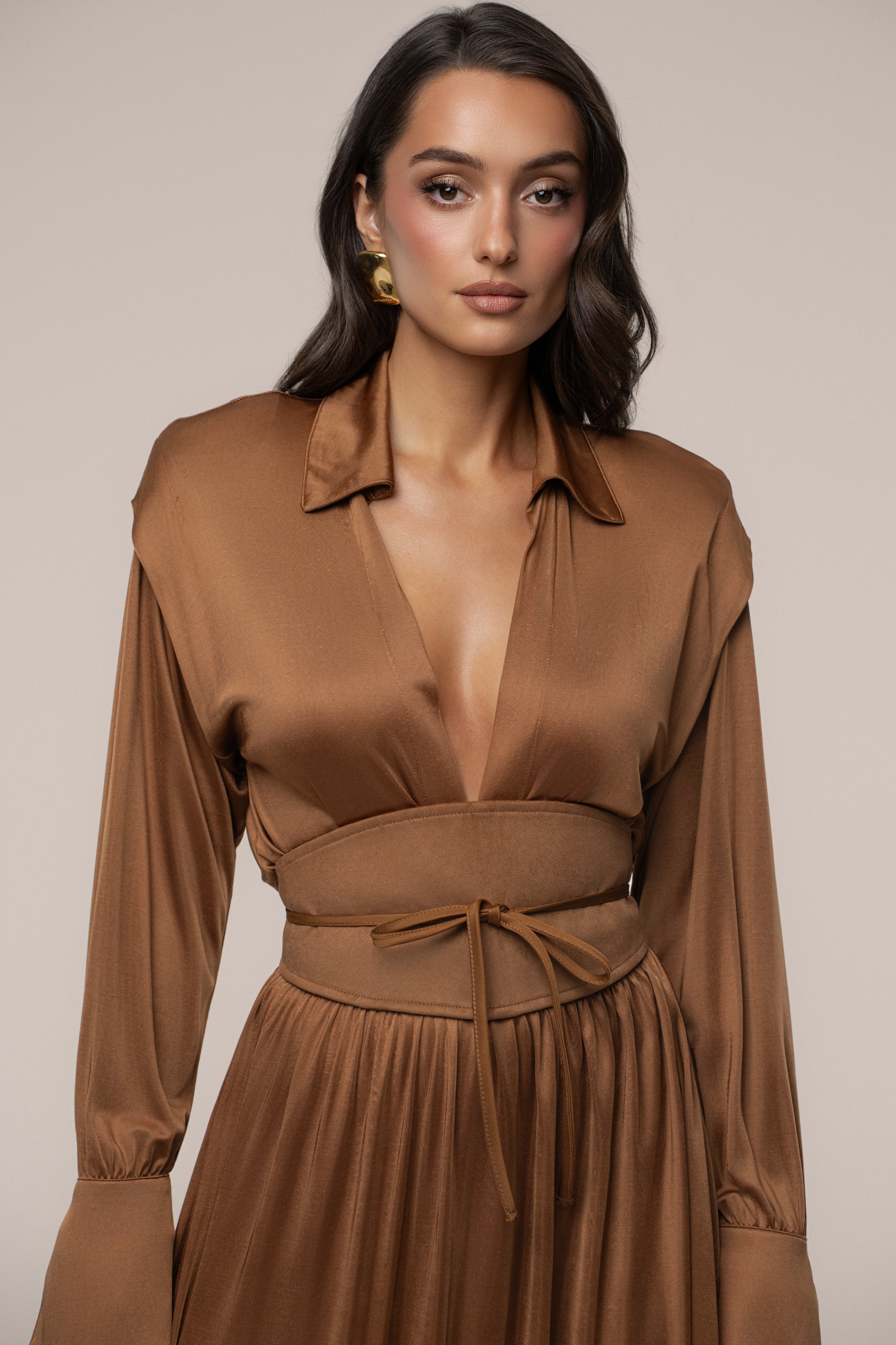 Tan High Line Collar Maxi Dress - JLUXLABEL