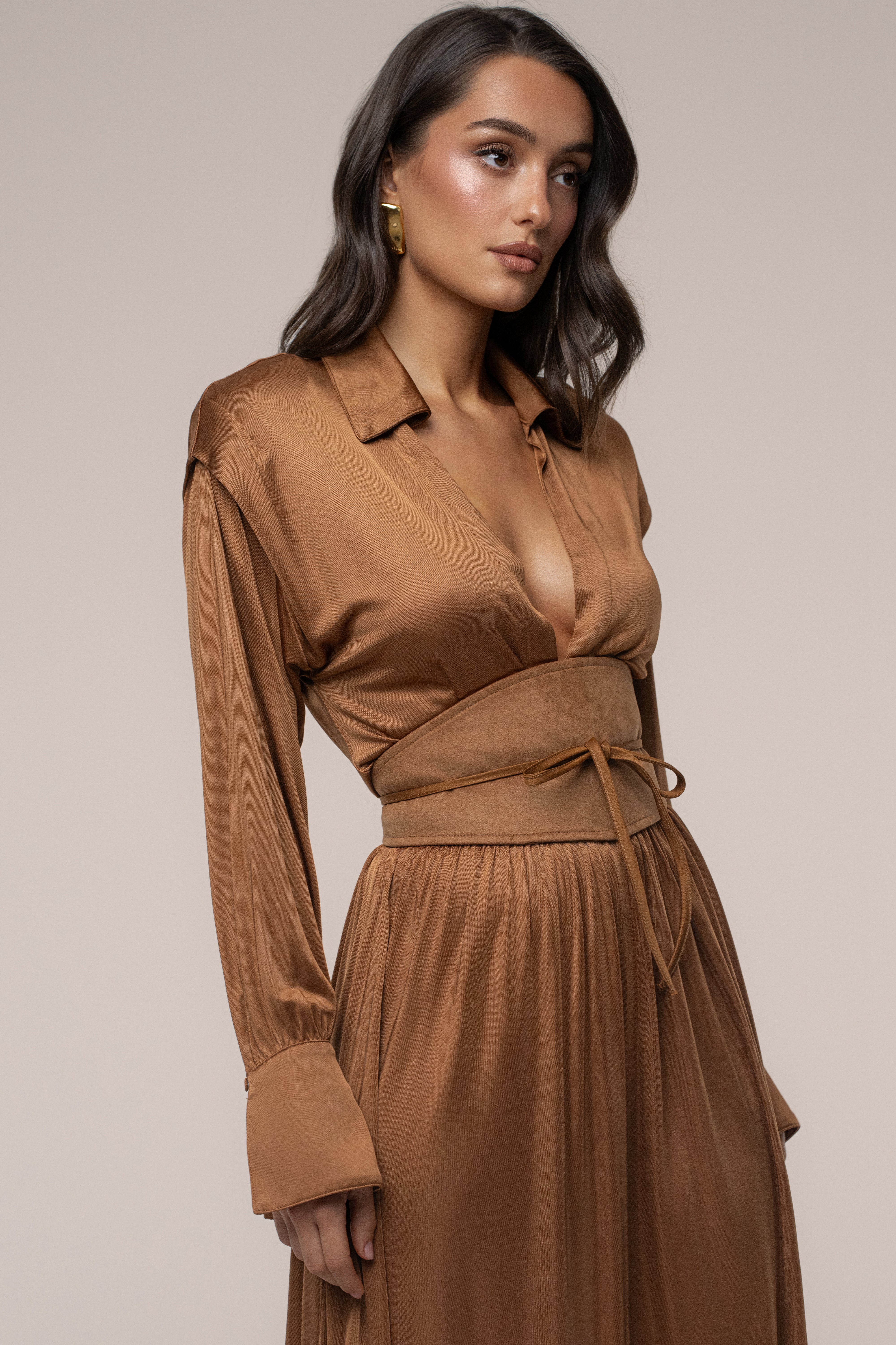Tan High Line Collar Maxi Dress - JLUXLABEL