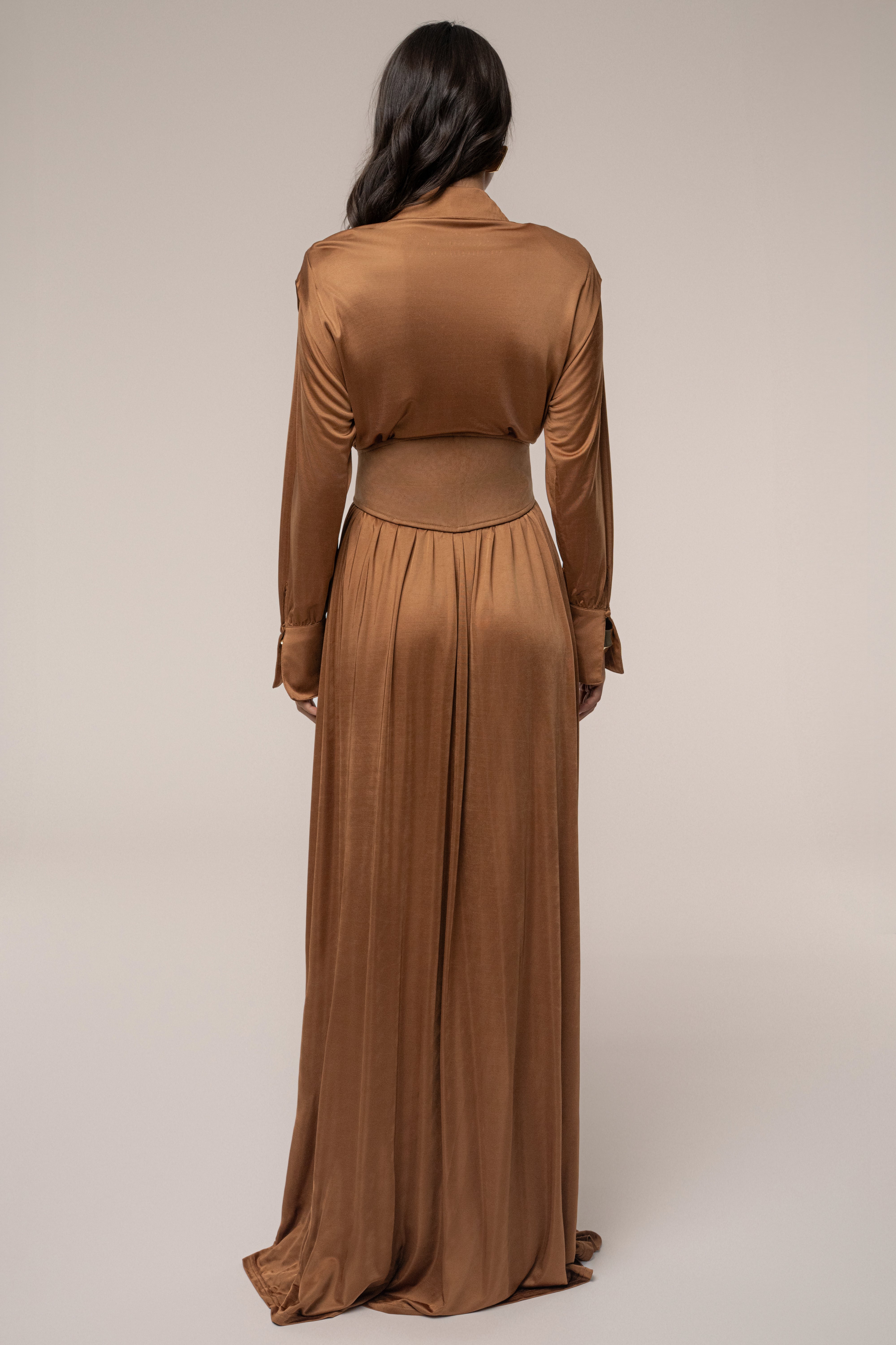 Tan High Line Collar Maxi Dress - JLUXLABEL
