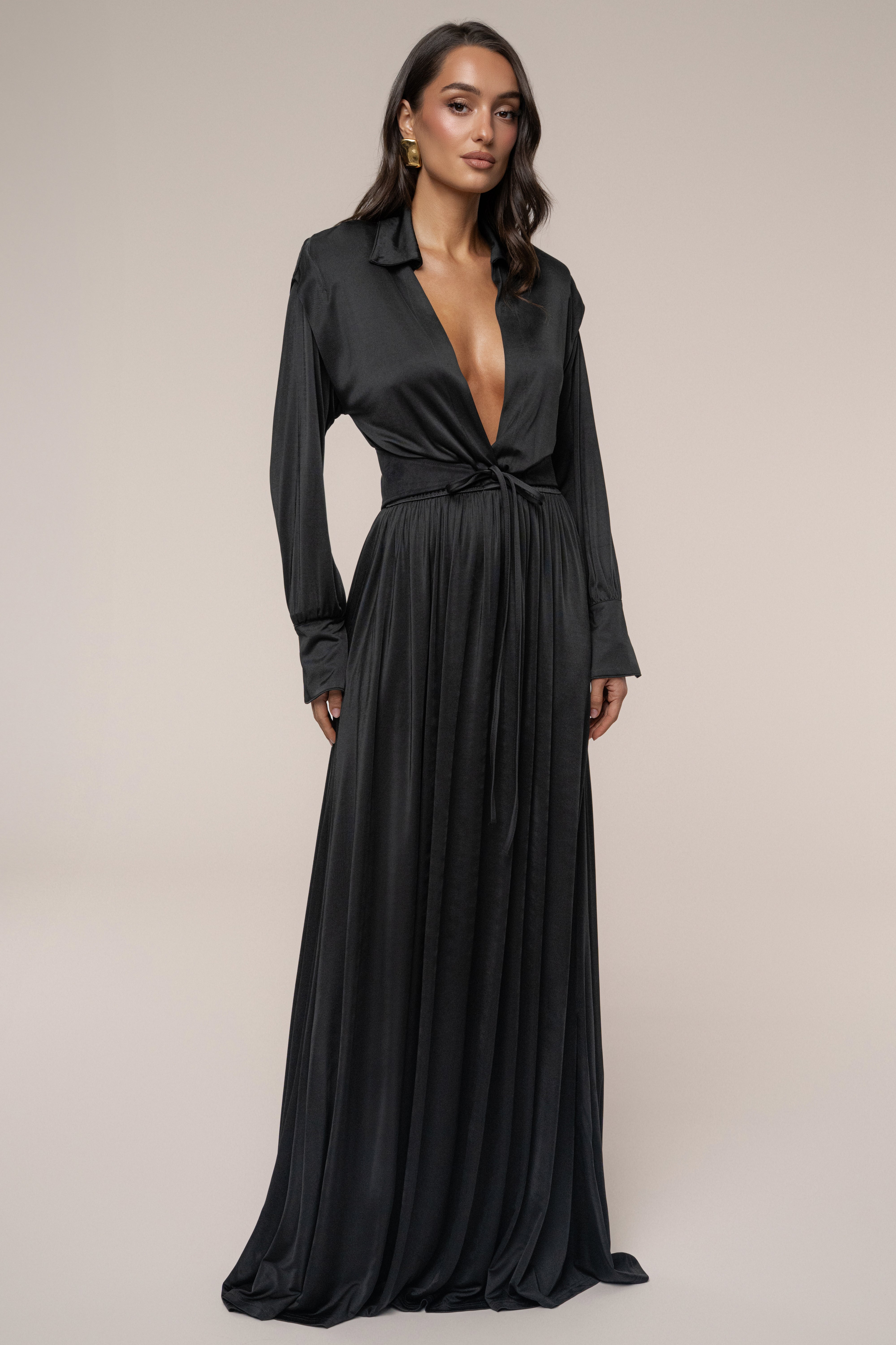 Black High Line Collar Maxi Dress - JLUXLABEL