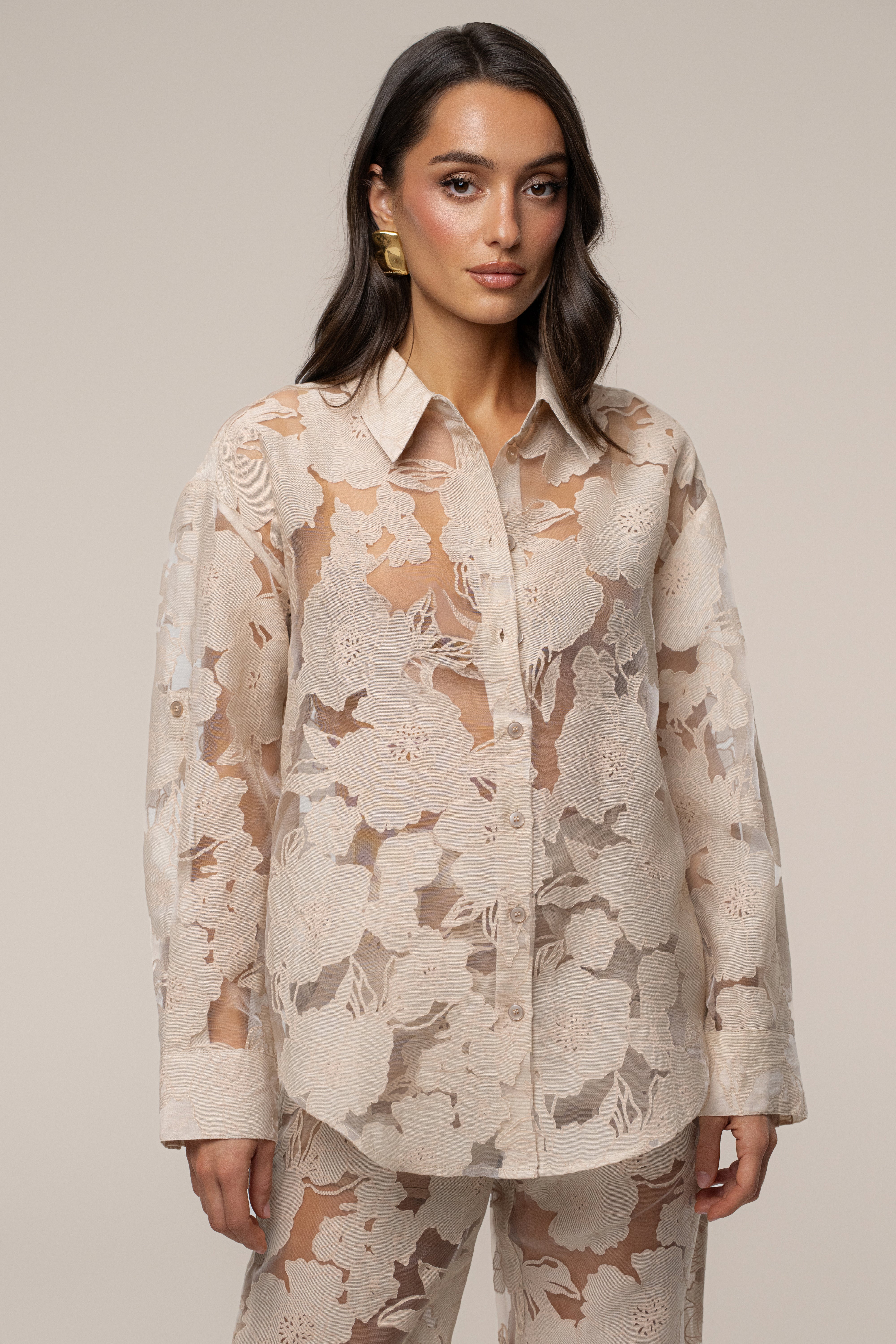 Beige Organza Floral Blouse