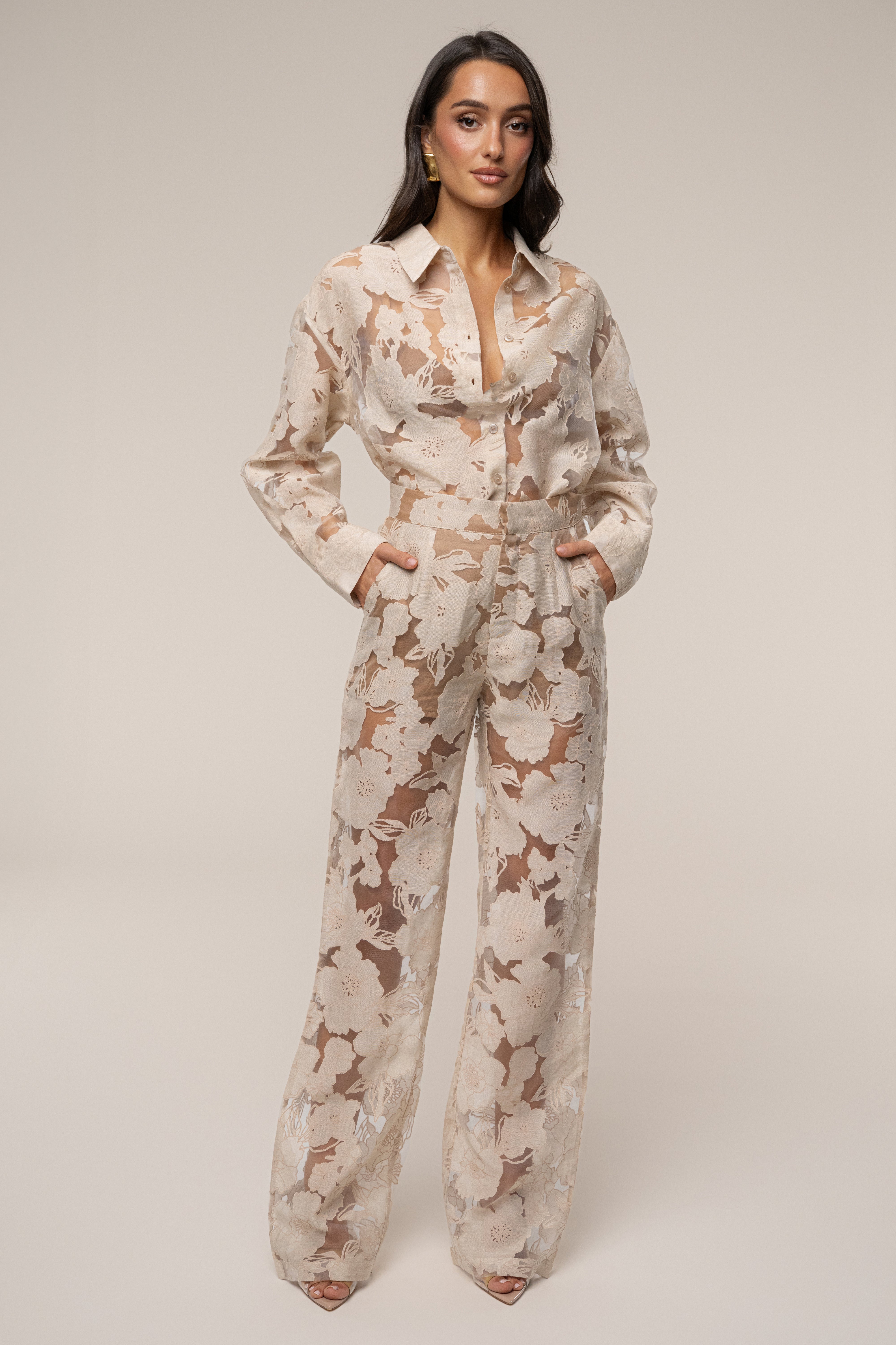 Beige Organza Floral Pant