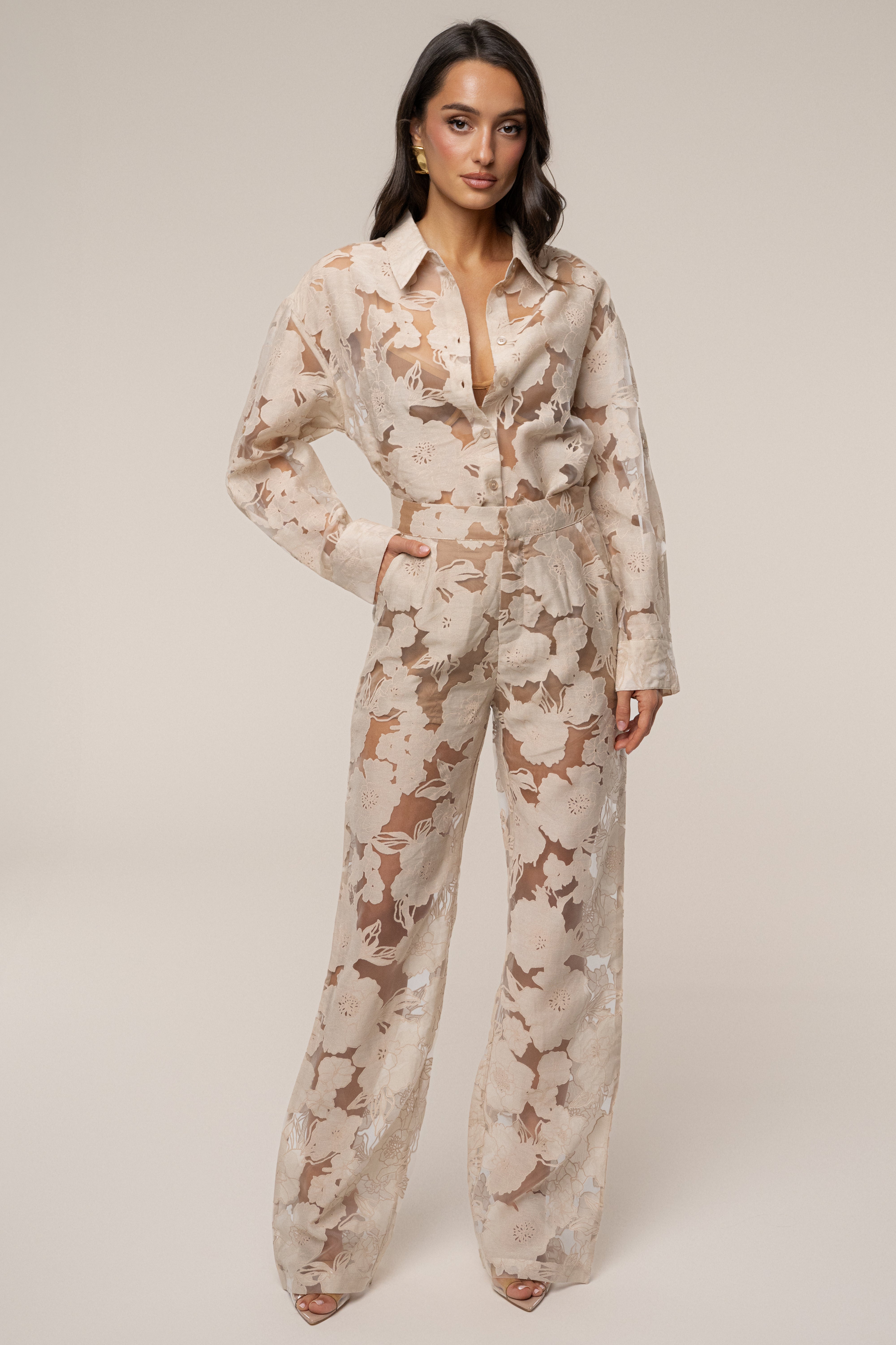 Beige Organza Floral Blouse