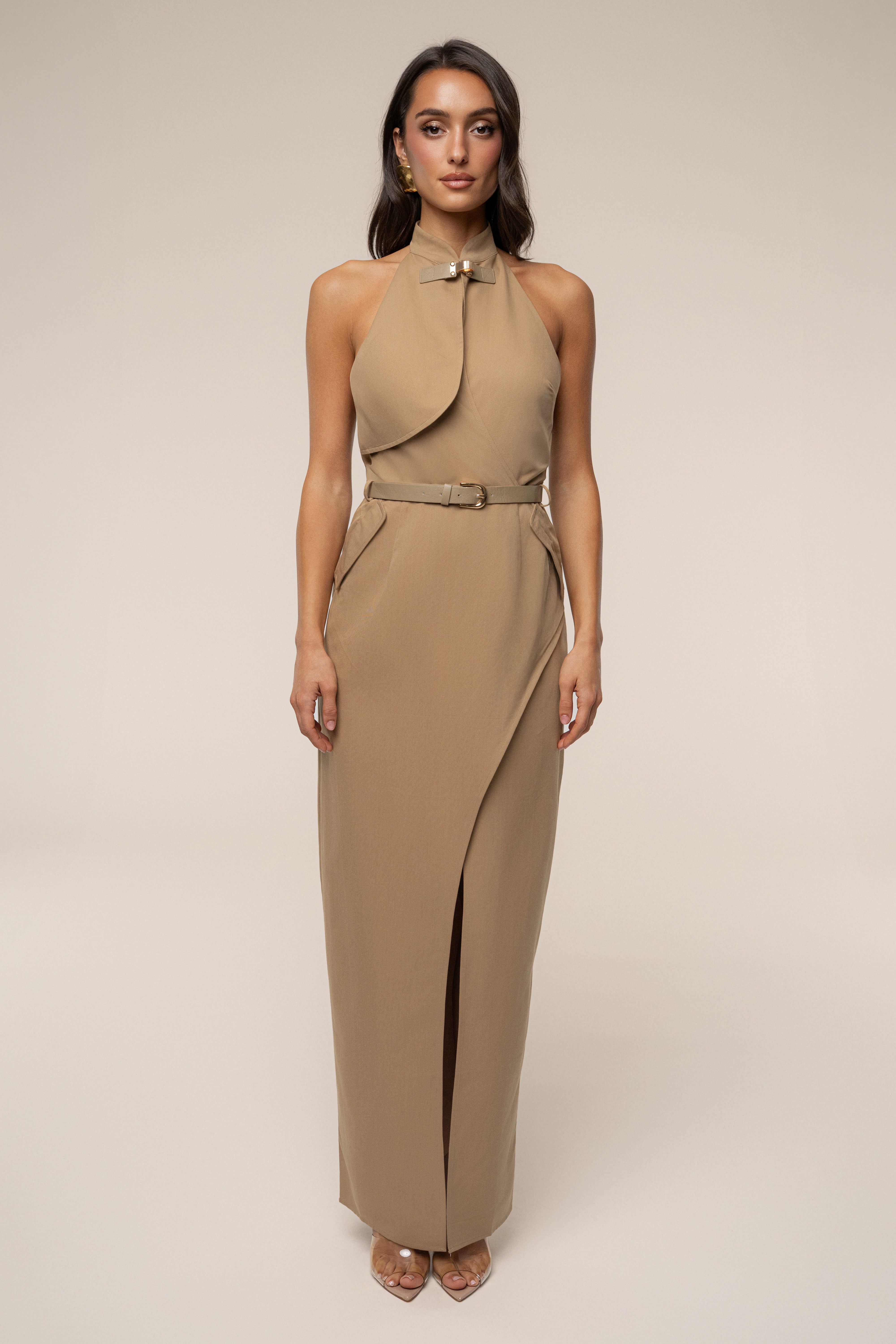 Tan Aria Keyhole Maxi Dress