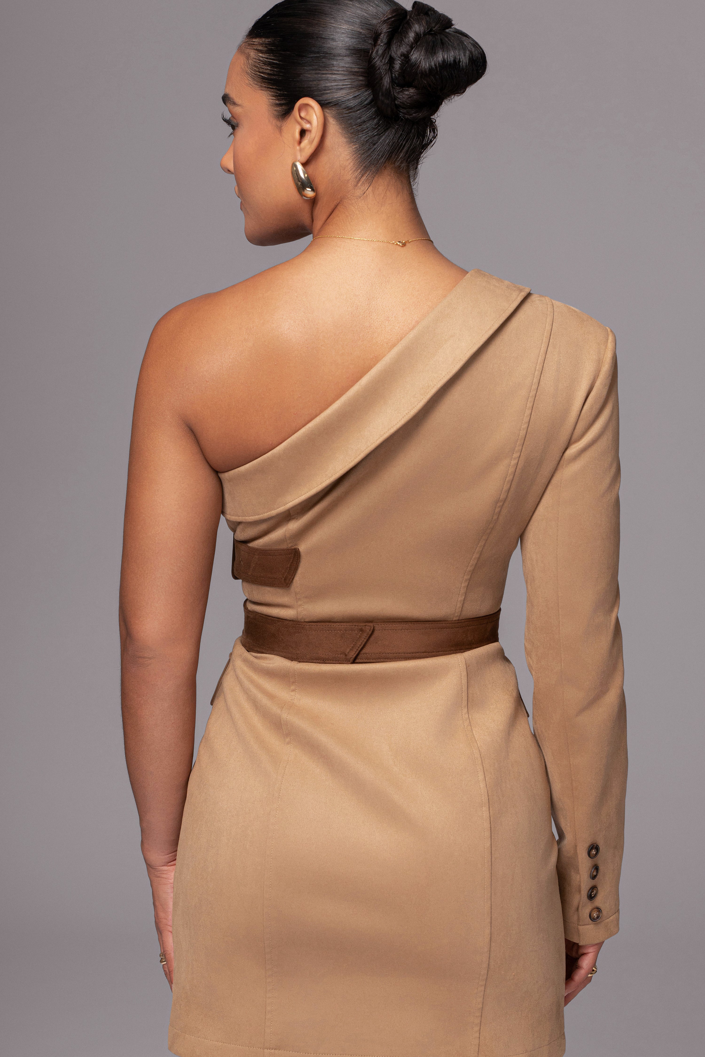 Beige One Shoulder Suede Blazer Dress - JLUXLABEL