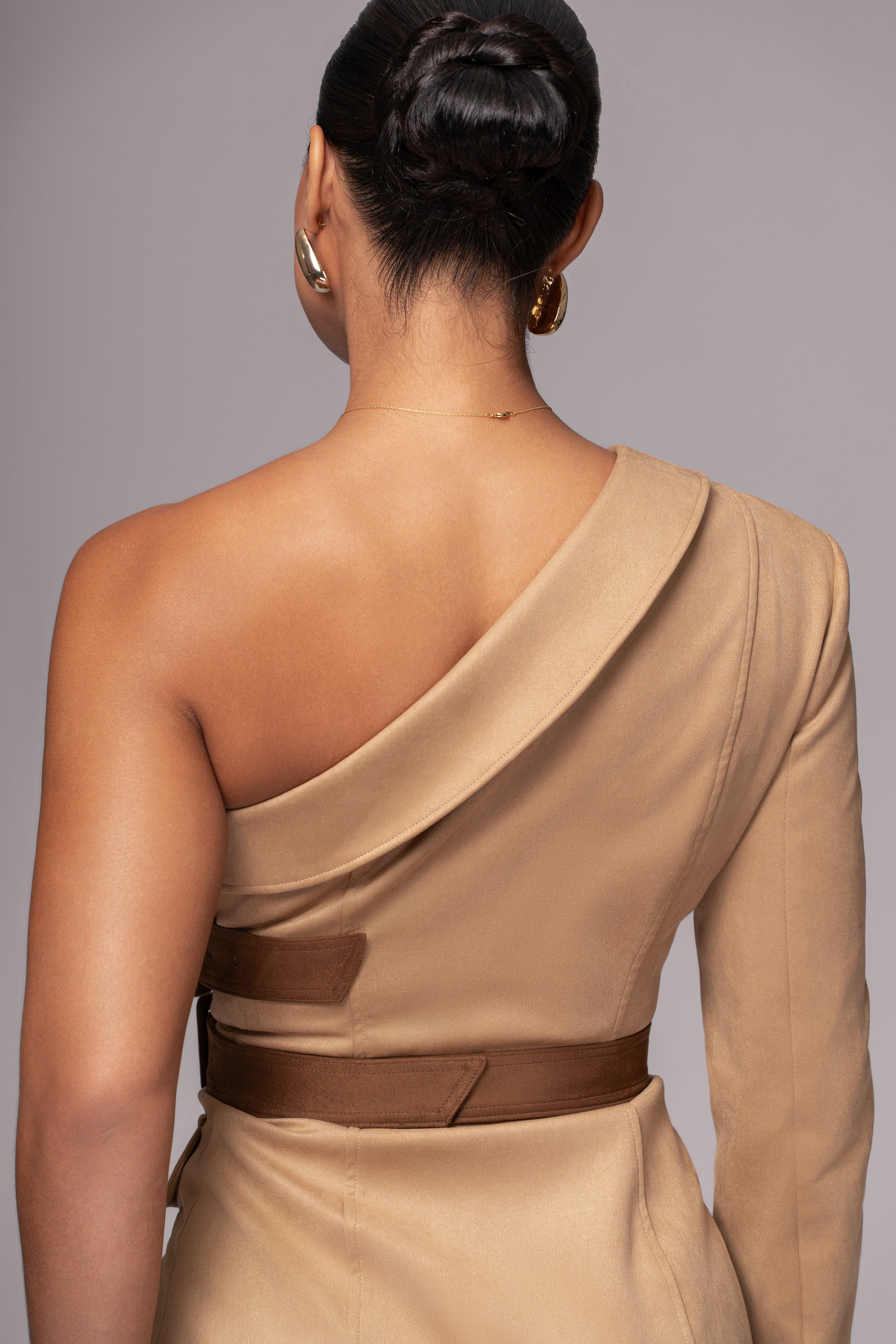 Beige One Shoulder Suede Blazer Dress - JLUXLABEL