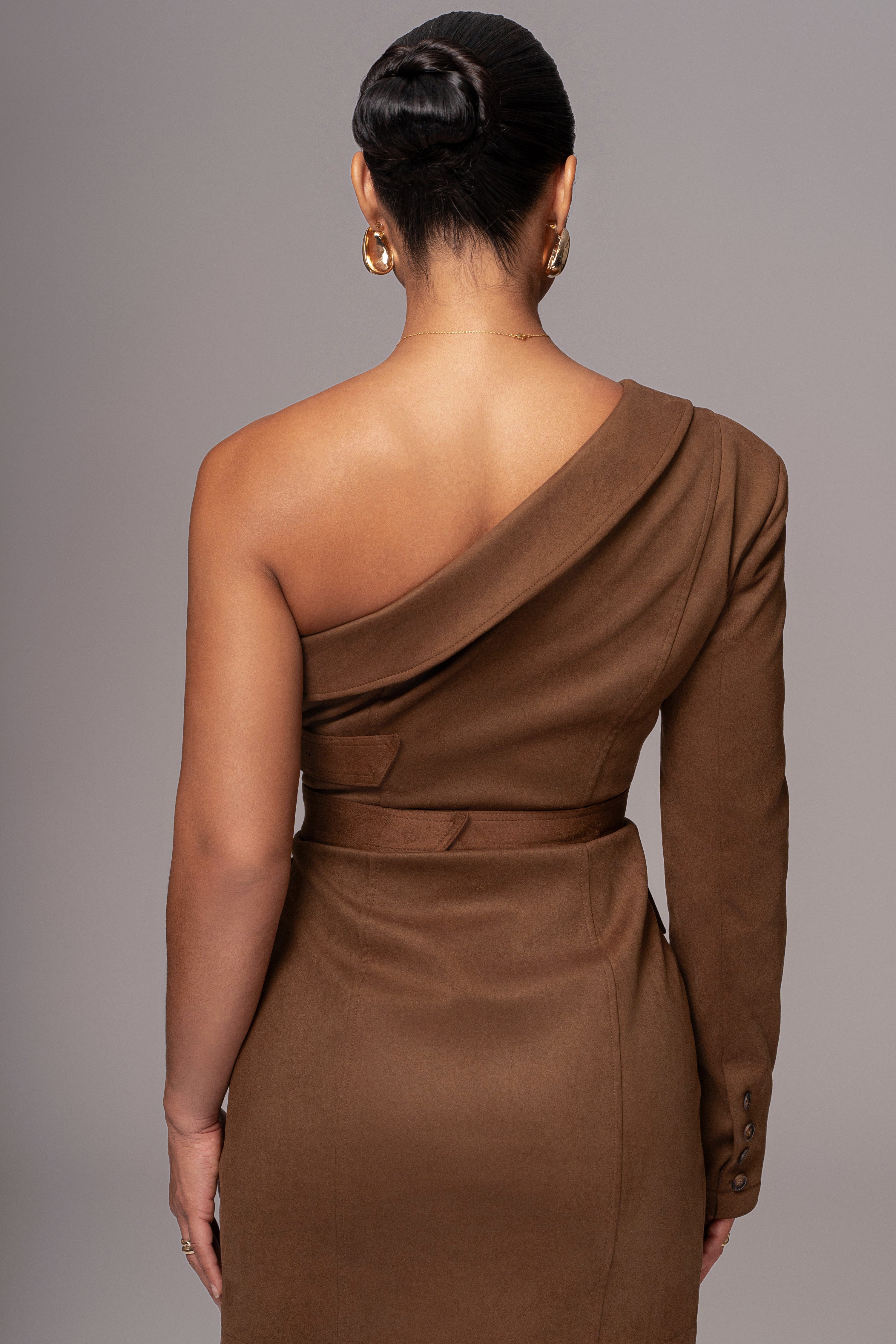 Chocolate One Shoulder Suede Blazer Dress - JLUXLABEL