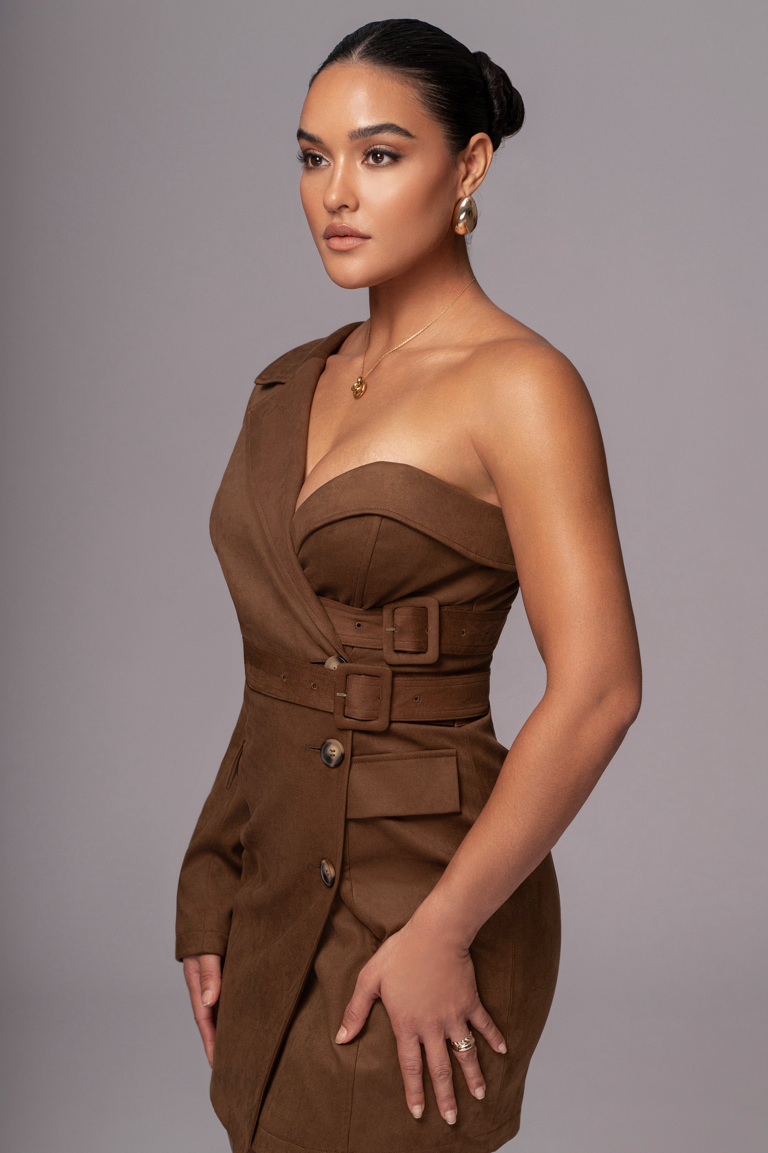 Chocolate One Shoulder Suede Blazer Dress - JLUXLABEL