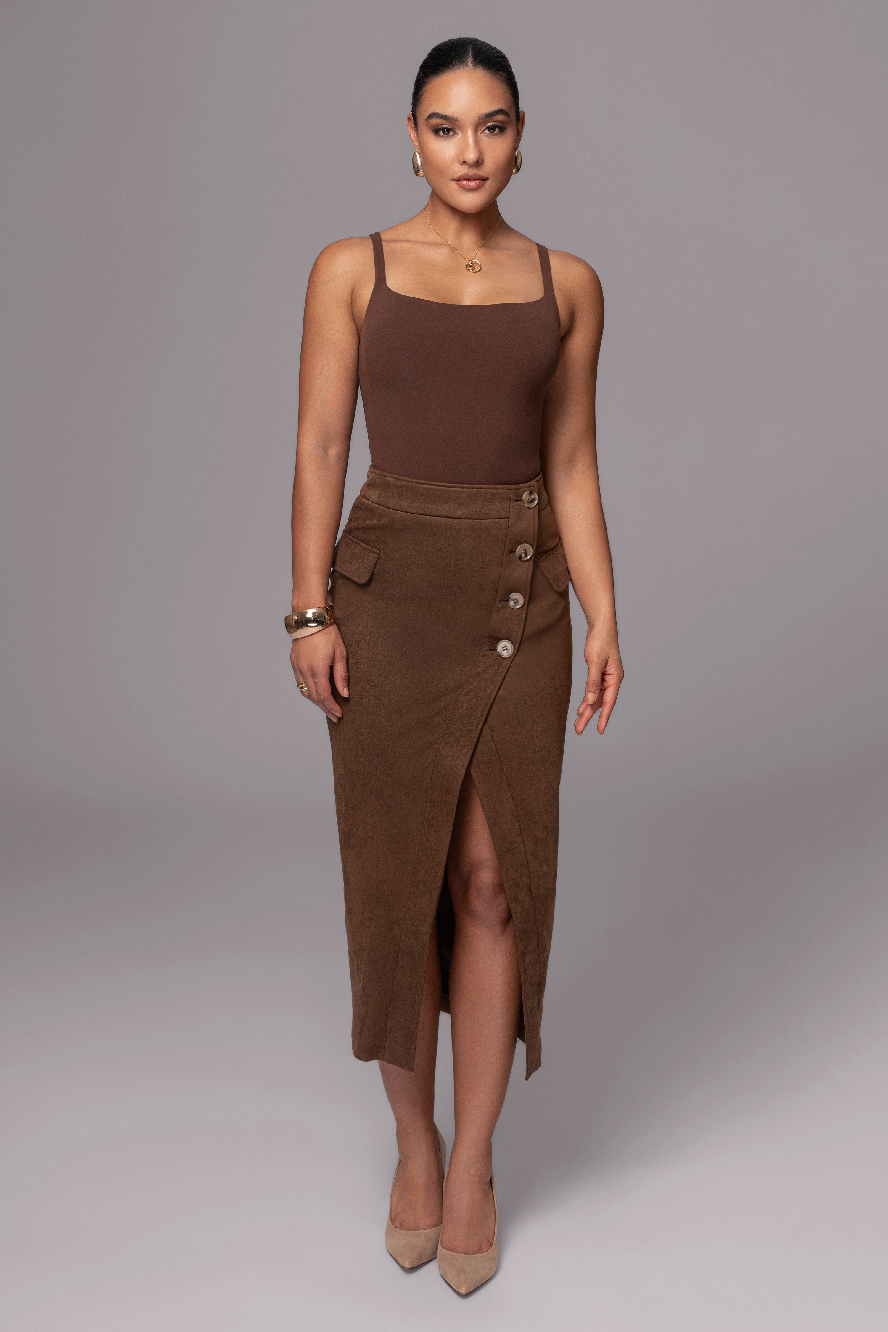 Chocolate Audrey Suede Midi Skirt - JLUXLABEL