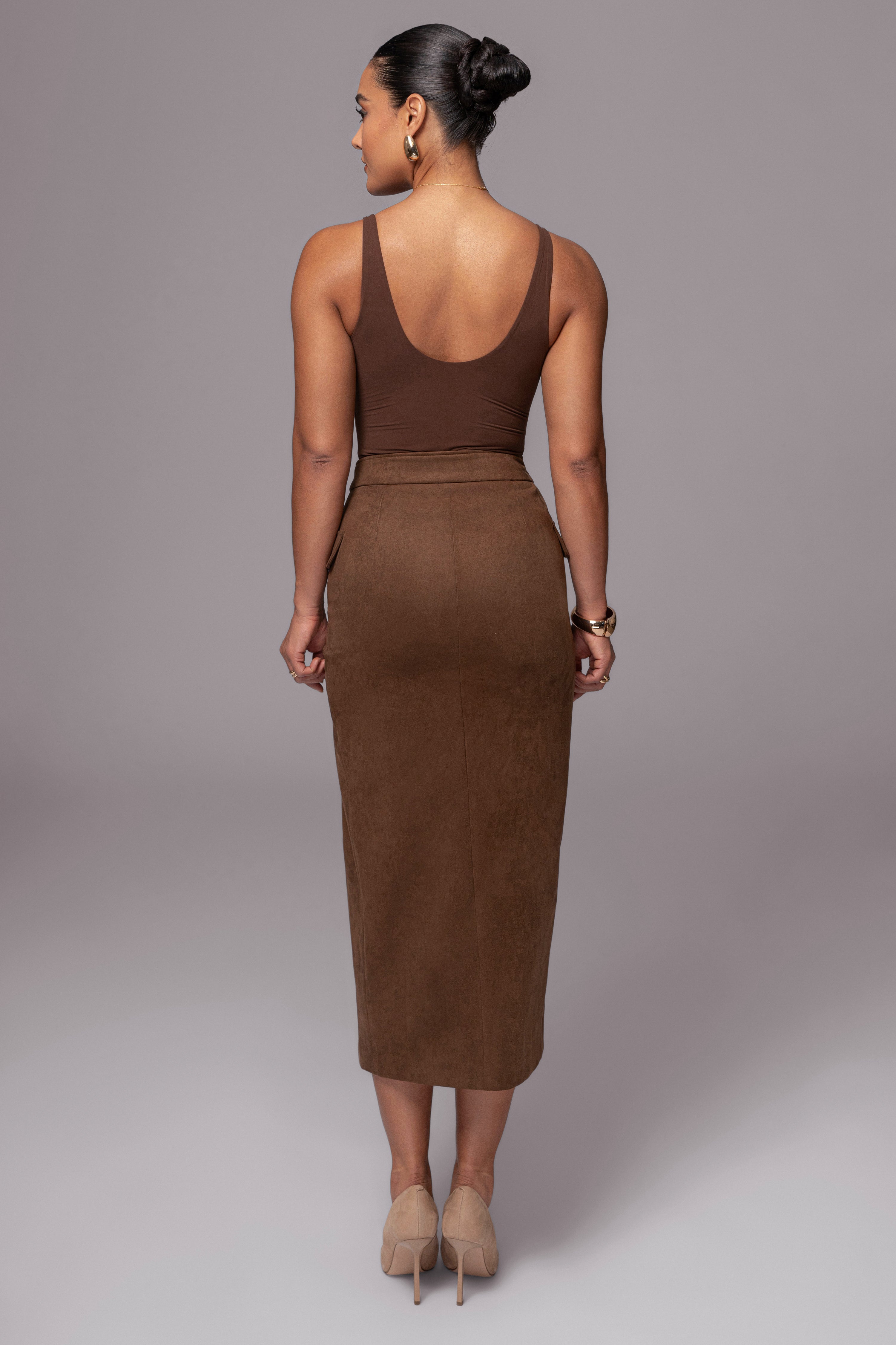 Chocolate Audrey Suede Midi Skirt - JLUXLABEL