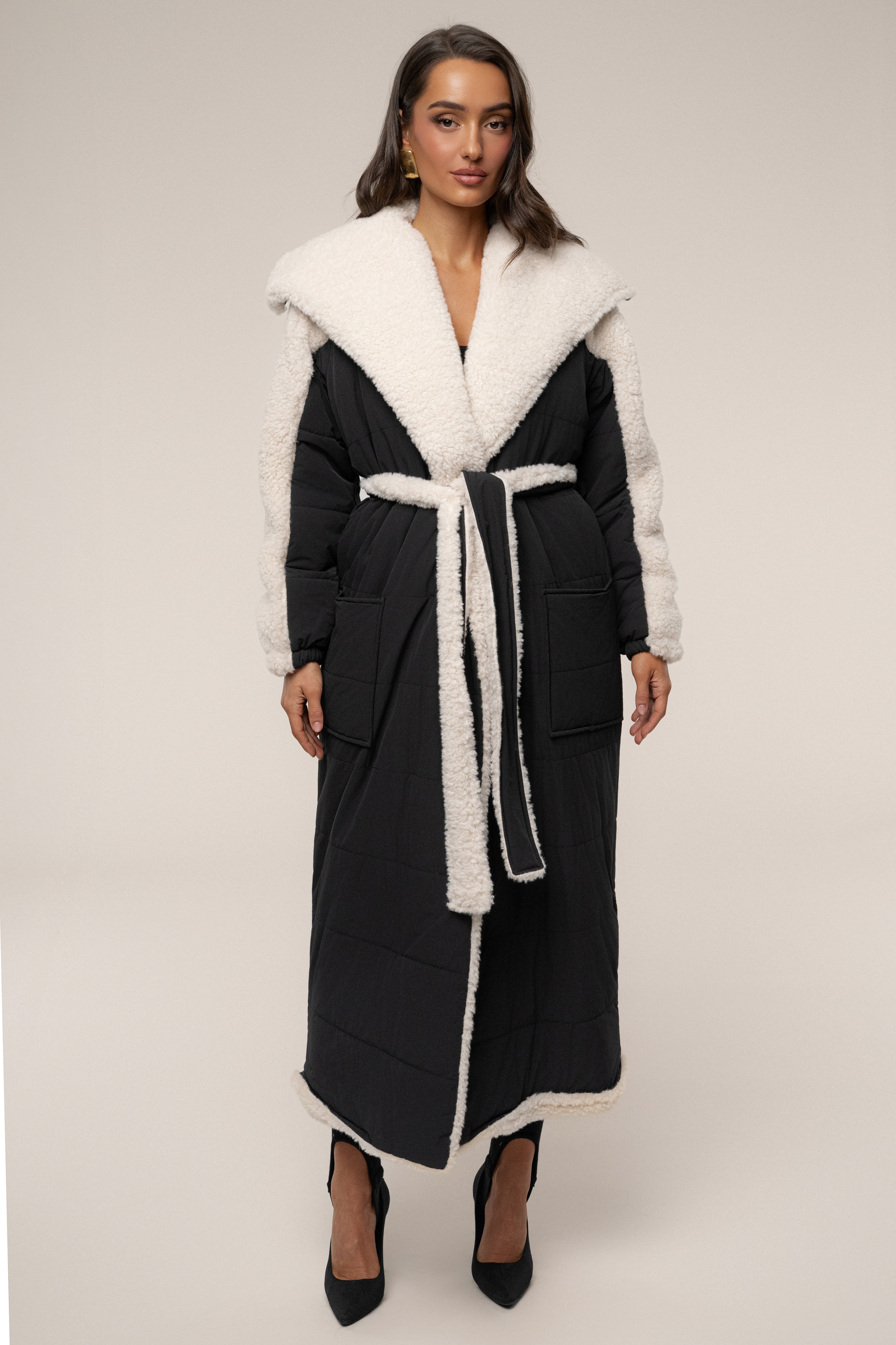 Black/Ivory Contrast Sherpa Coat