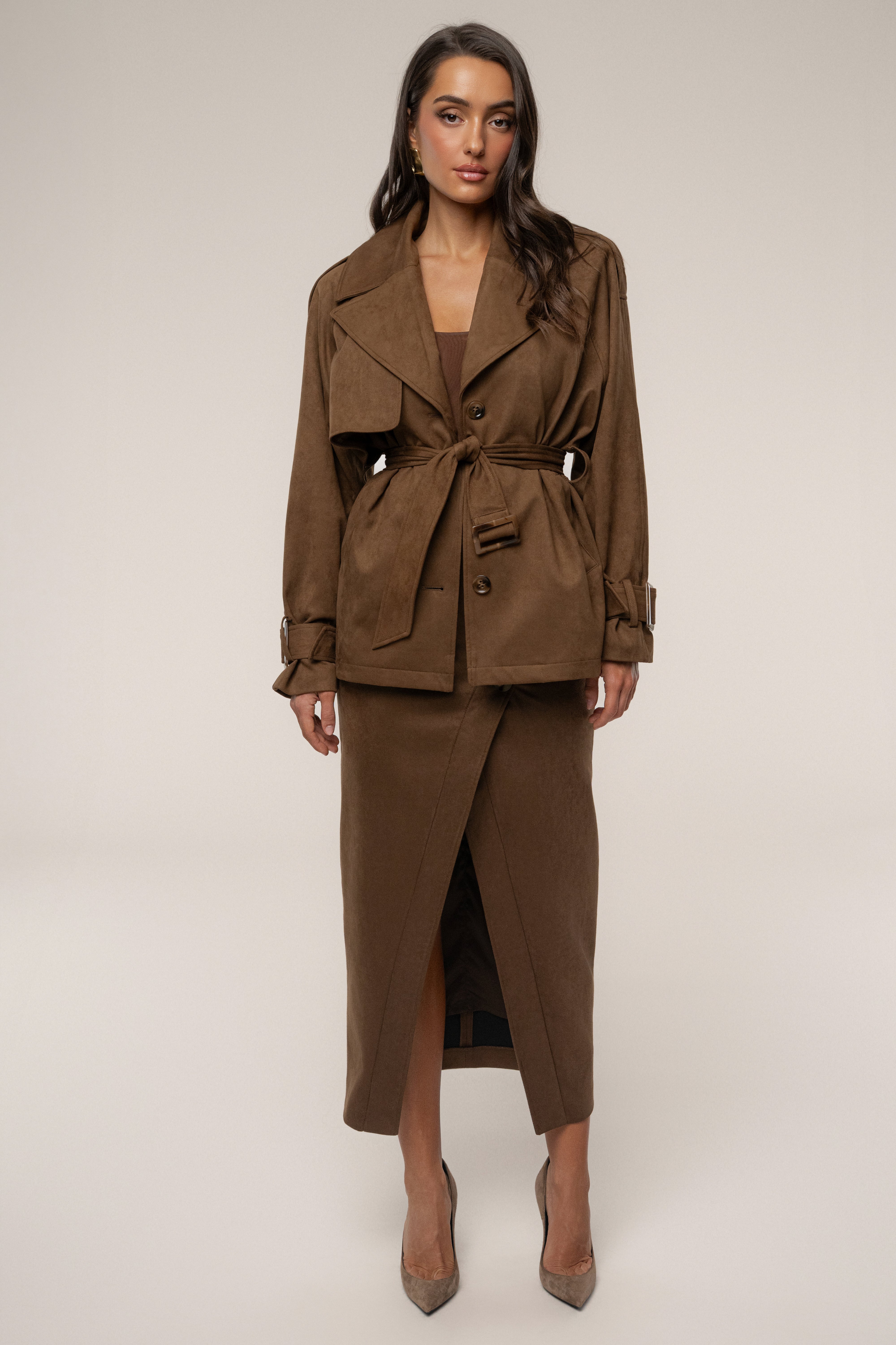 Chocolate Audrey Suede Midi Skirt