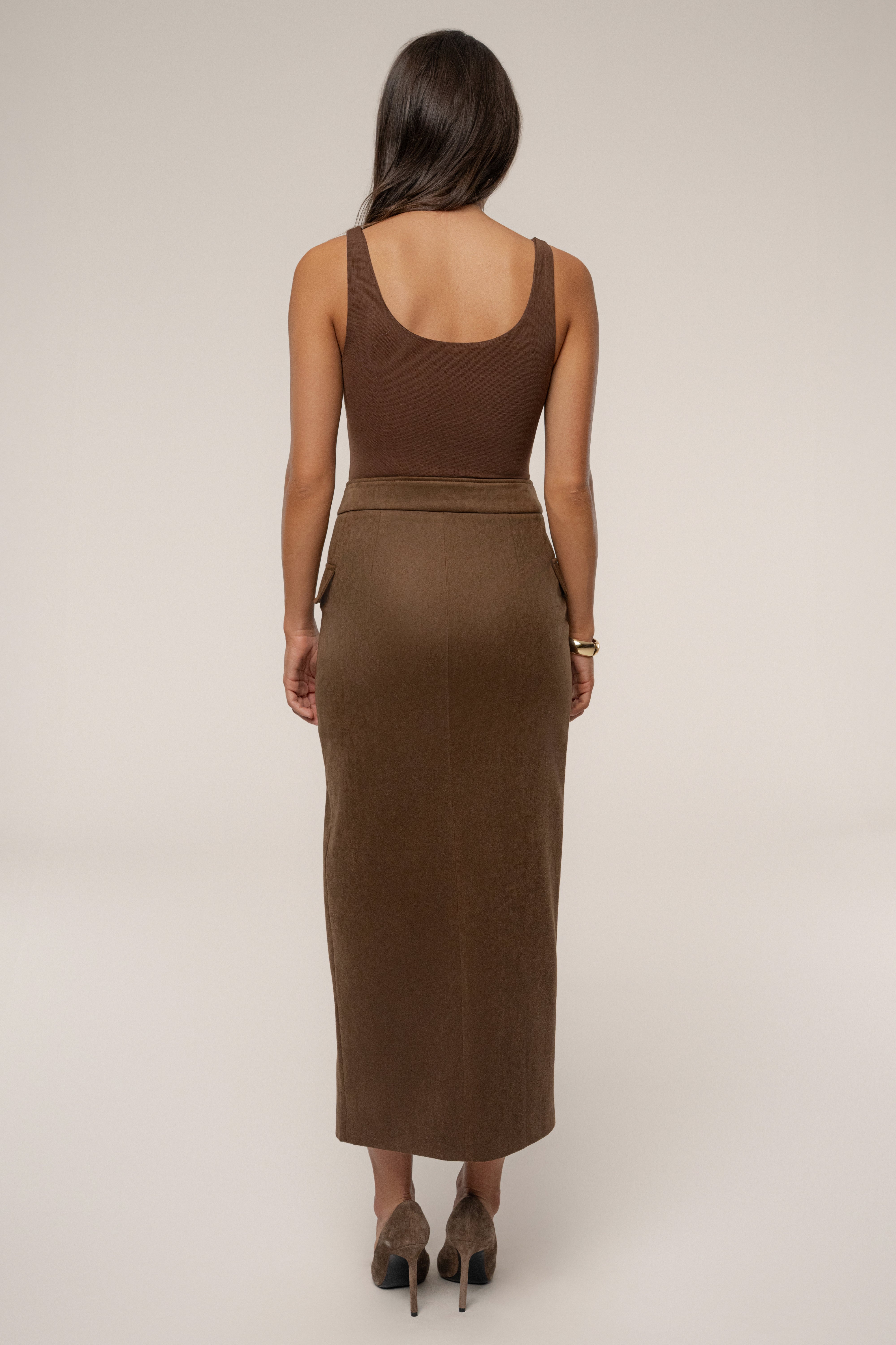 Chocolate Audrey Suede Midi Skirt