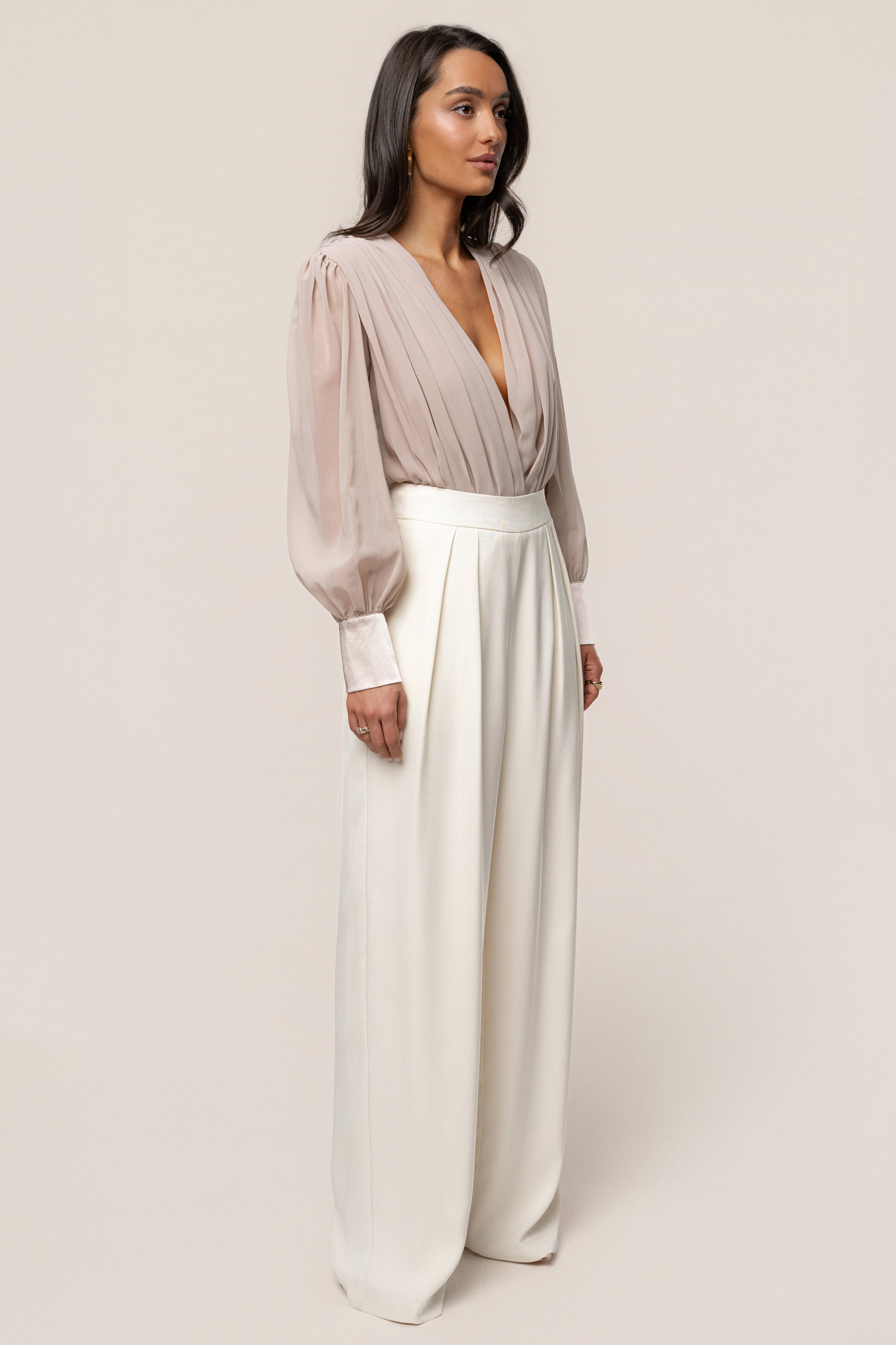 Beige Refined Pleated Chiffon Top